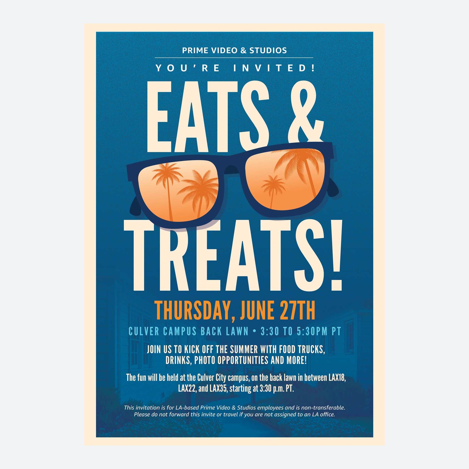The Eats and Treats summer invite poster with orange sunglasses