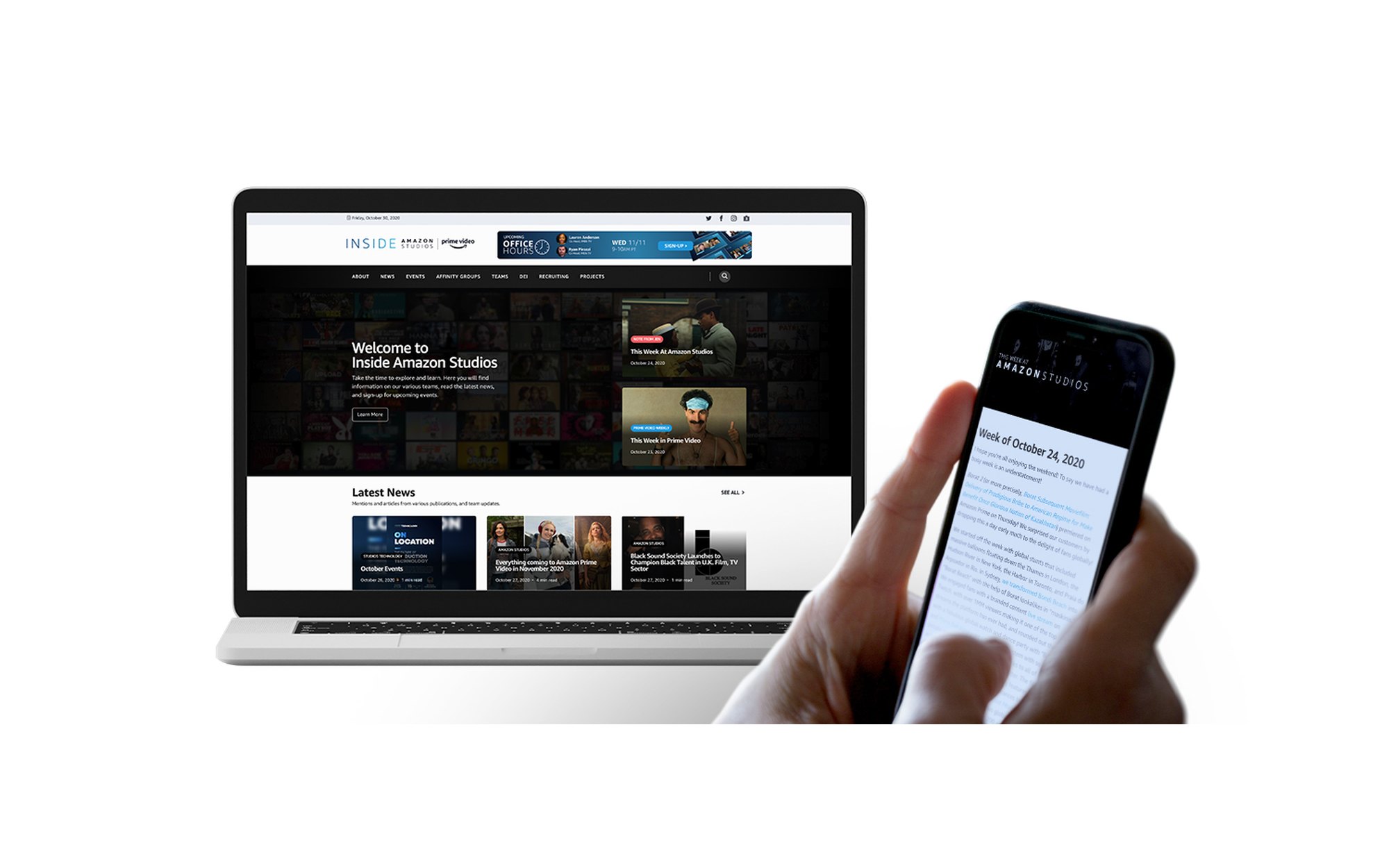 The launch graphic for Inside Amazon Studios: the site on a laptop and in a hand on a phone