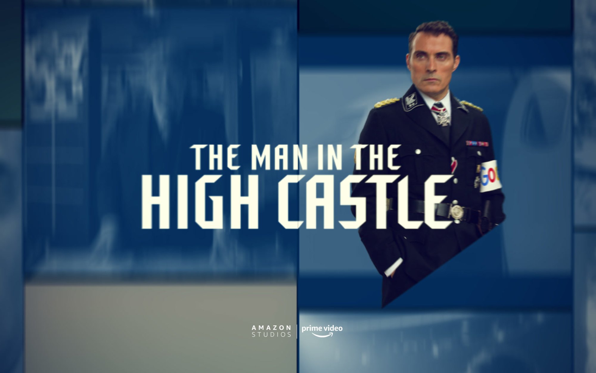 A frame from the Prime Video history animation: The Man in the High Castle title on a blue panel wall