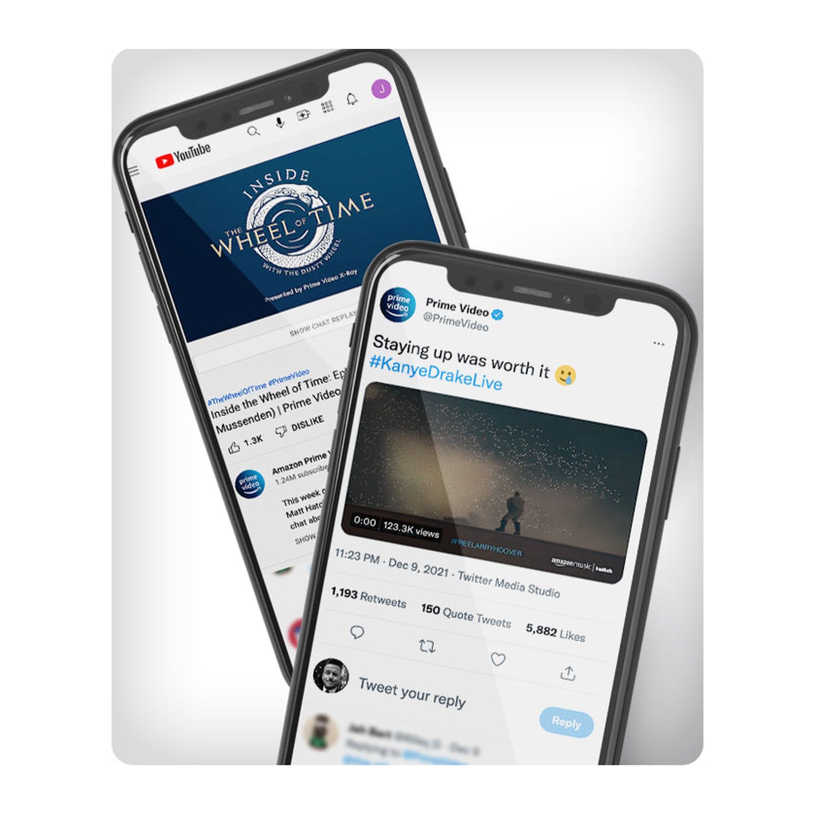 Two phones showing social posts from the Social Spotlight section