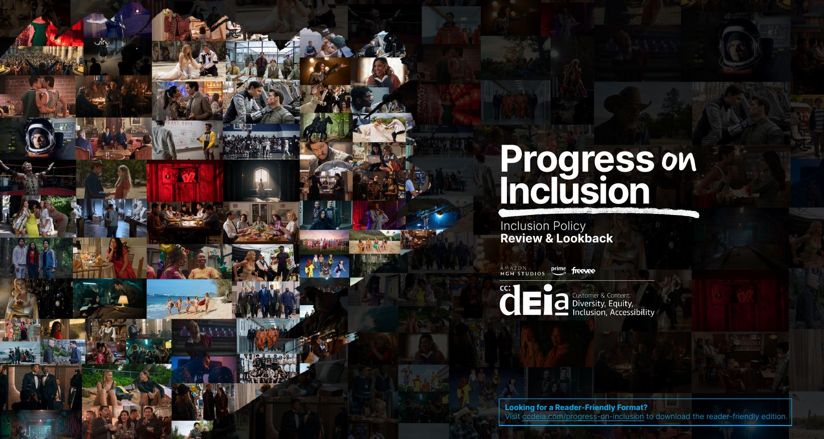 Progress on Inclusion report cover: a mosaic of Prime Video stills forming a portrait