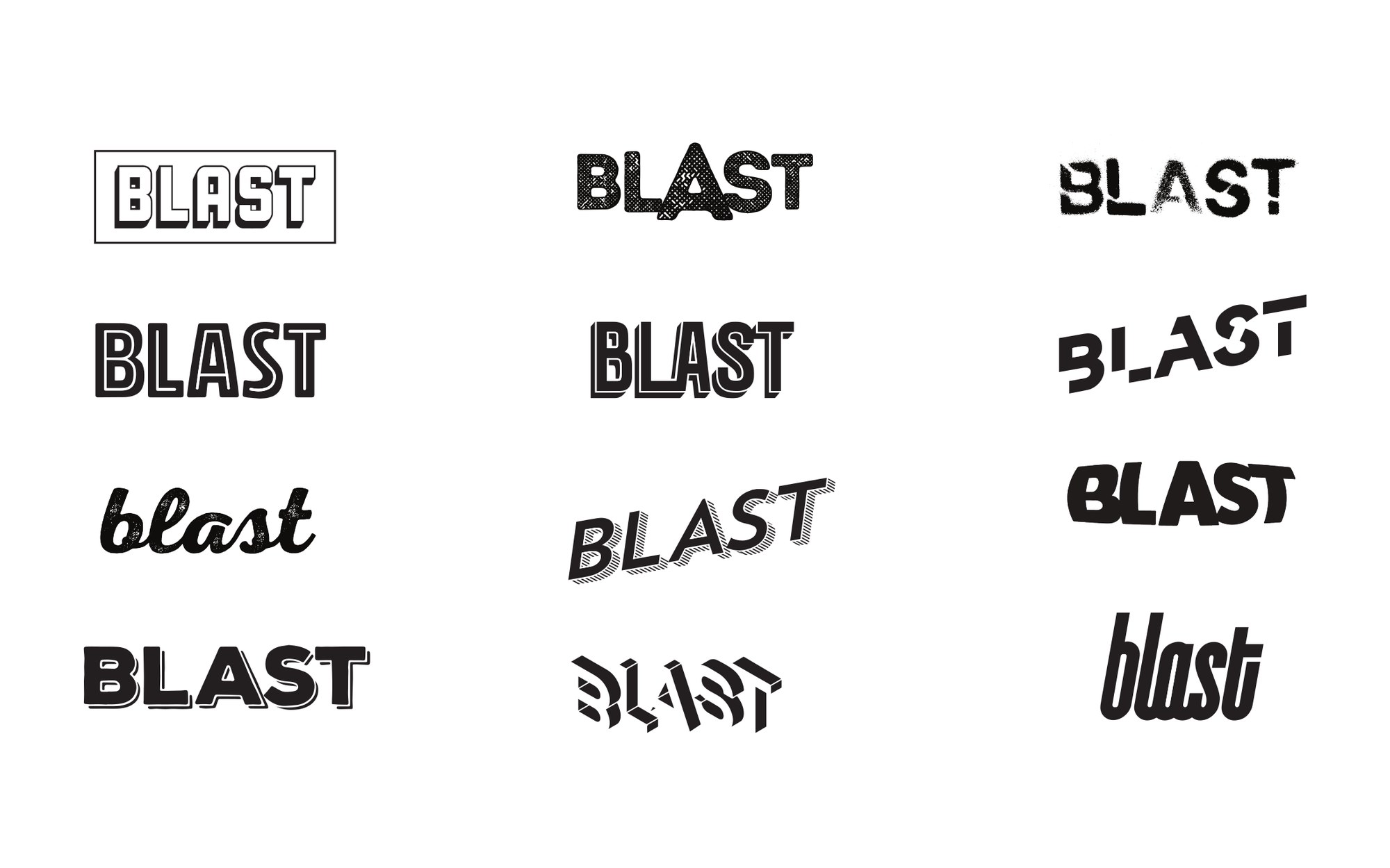 A sheet of Blast logo alternates: outlined, framed, script, italic, and the slashed star