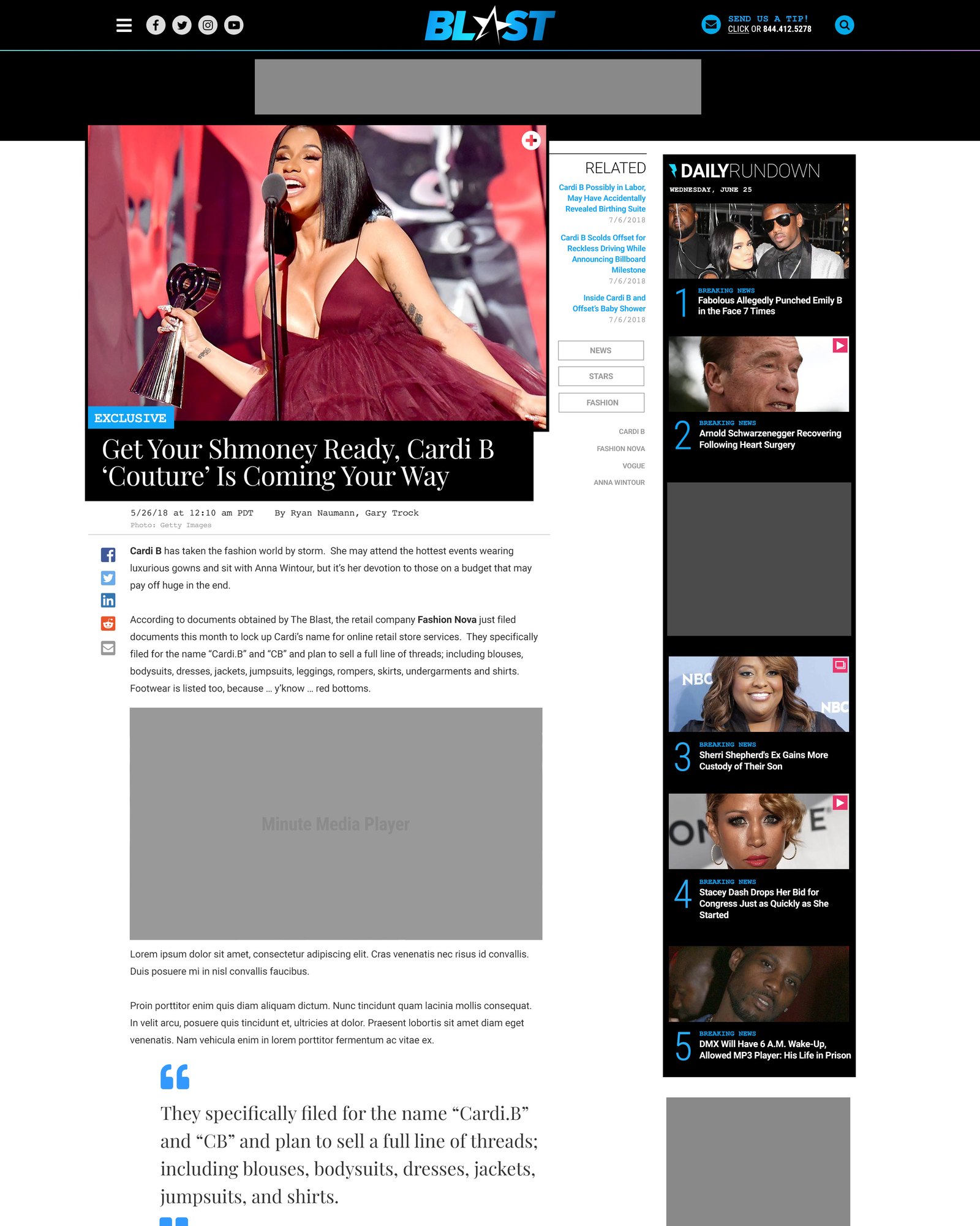 The 2018 Blast article page at desktop with a related rail