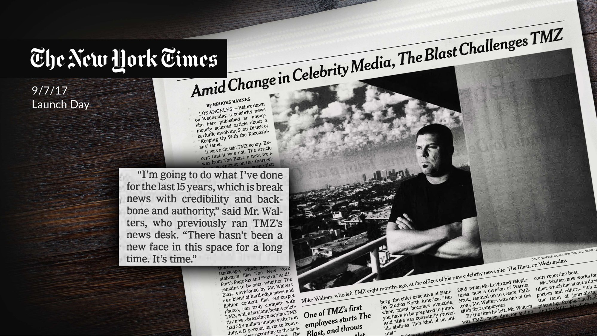 A deck page with the New York Times clipping: Amid Change in Celebrity Media, The Blast Challenges TMZ