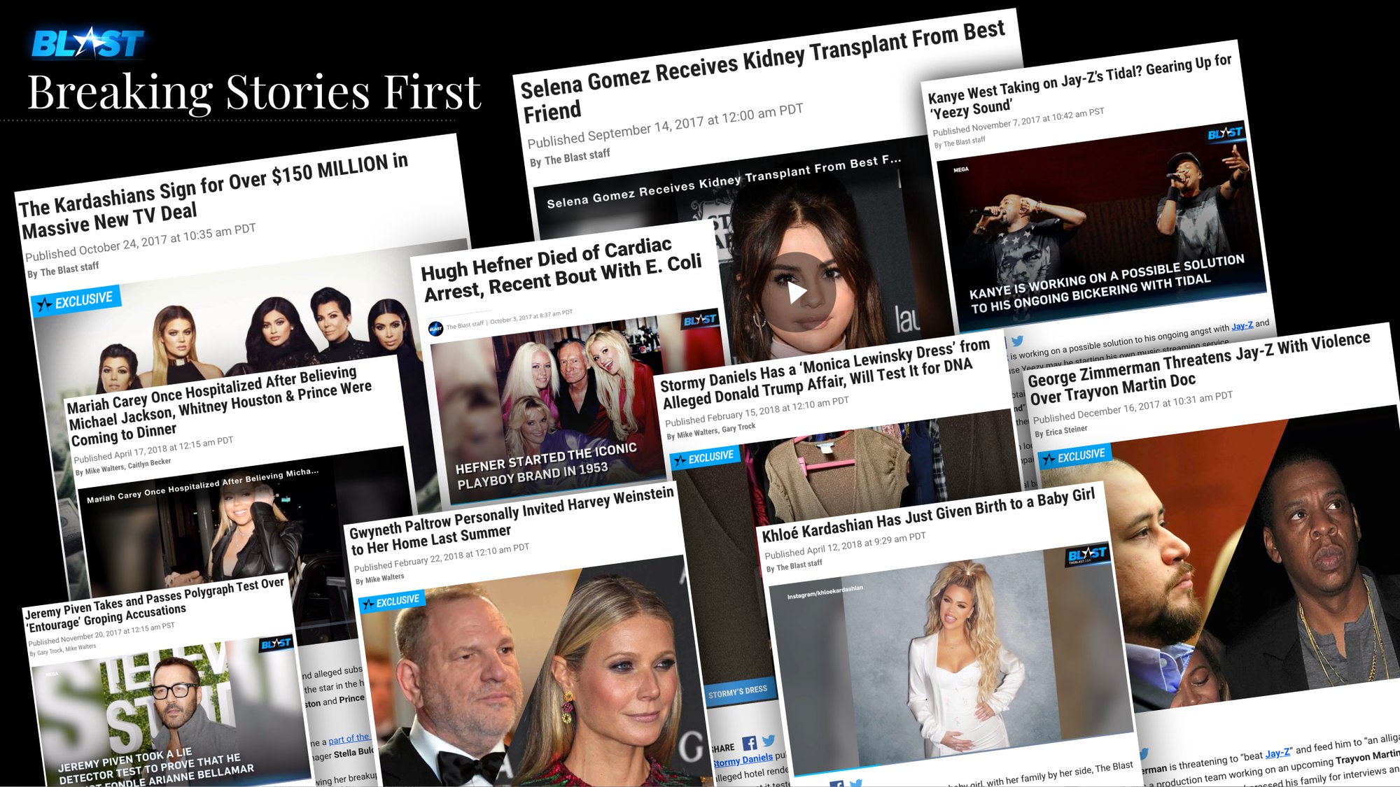 A deck page: Breaking Stories First, a wall of Blast headlines
