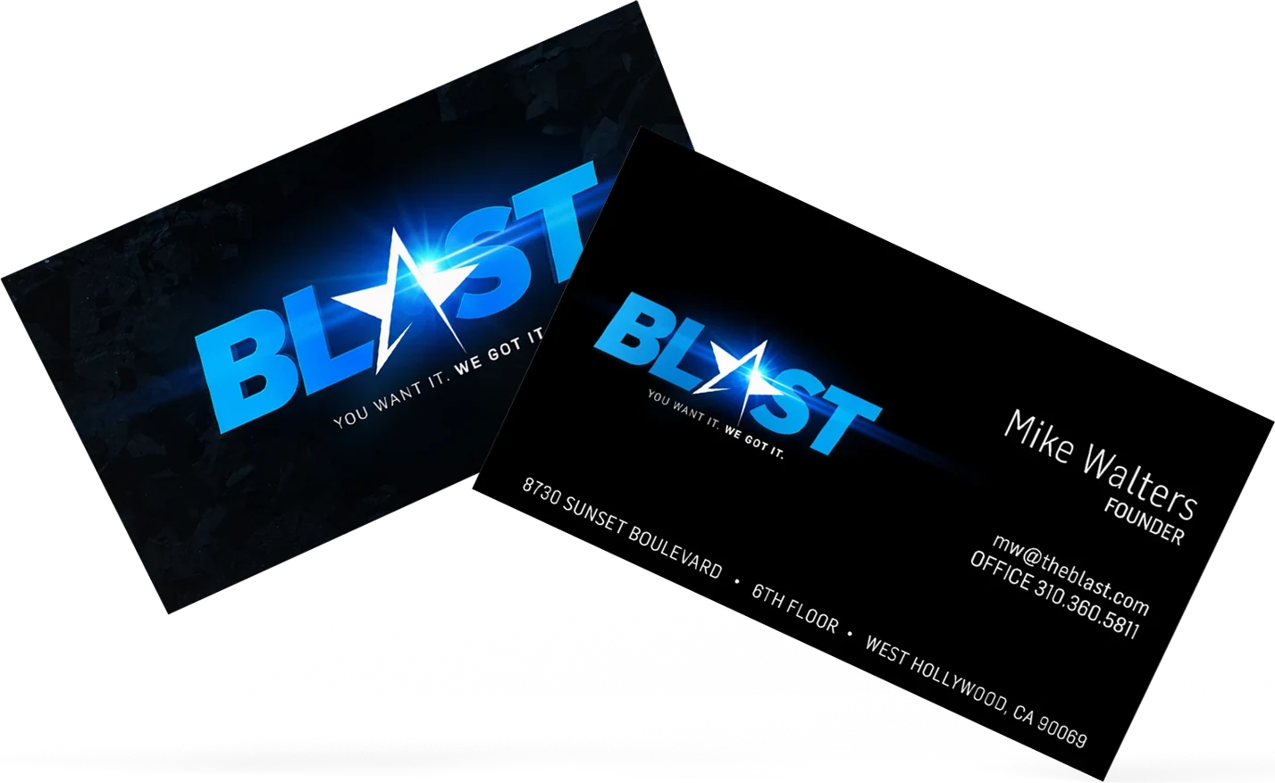 Blast business cards fanned on black, the star mark glowing