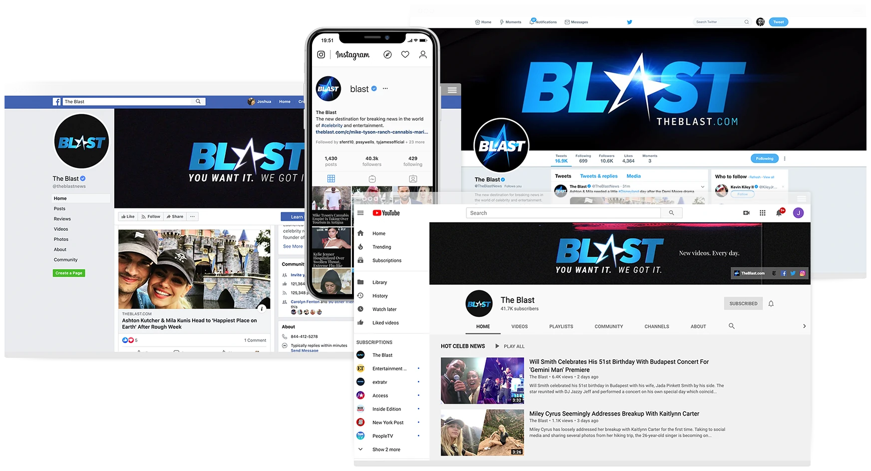The Blast on Instagram, Facebook, Twitter and YouTube, on a phone and laptops