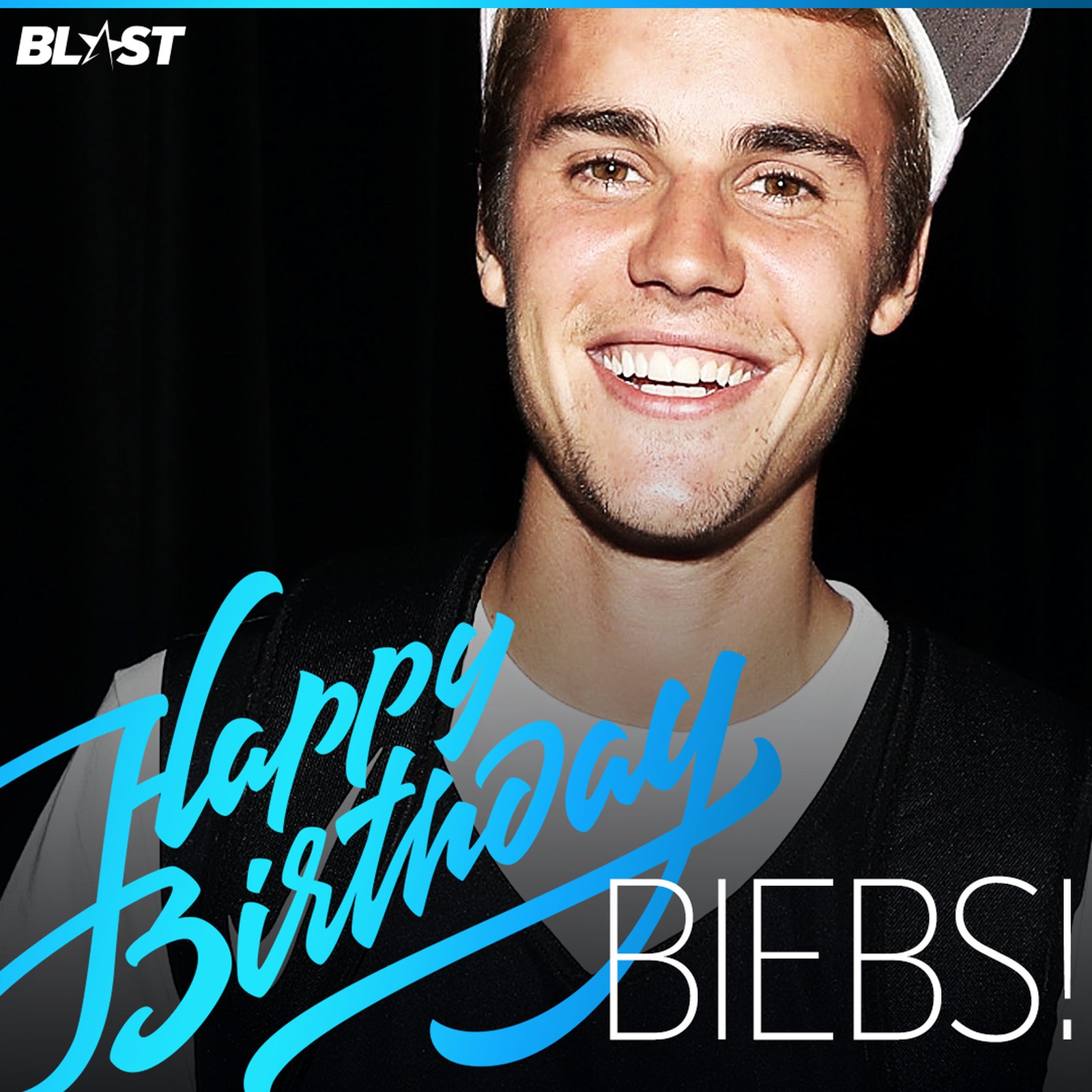 A Blast social post: Happy Birthday Biebs in blue script over Justin Bieber