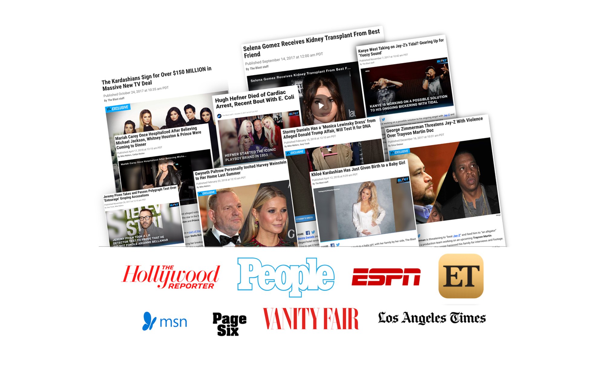 Blast stories under the marks of The Hollywood Reporter, People, ESPN, ET, MSN, Page Six, Vanity Fair and the Los Angeles Times