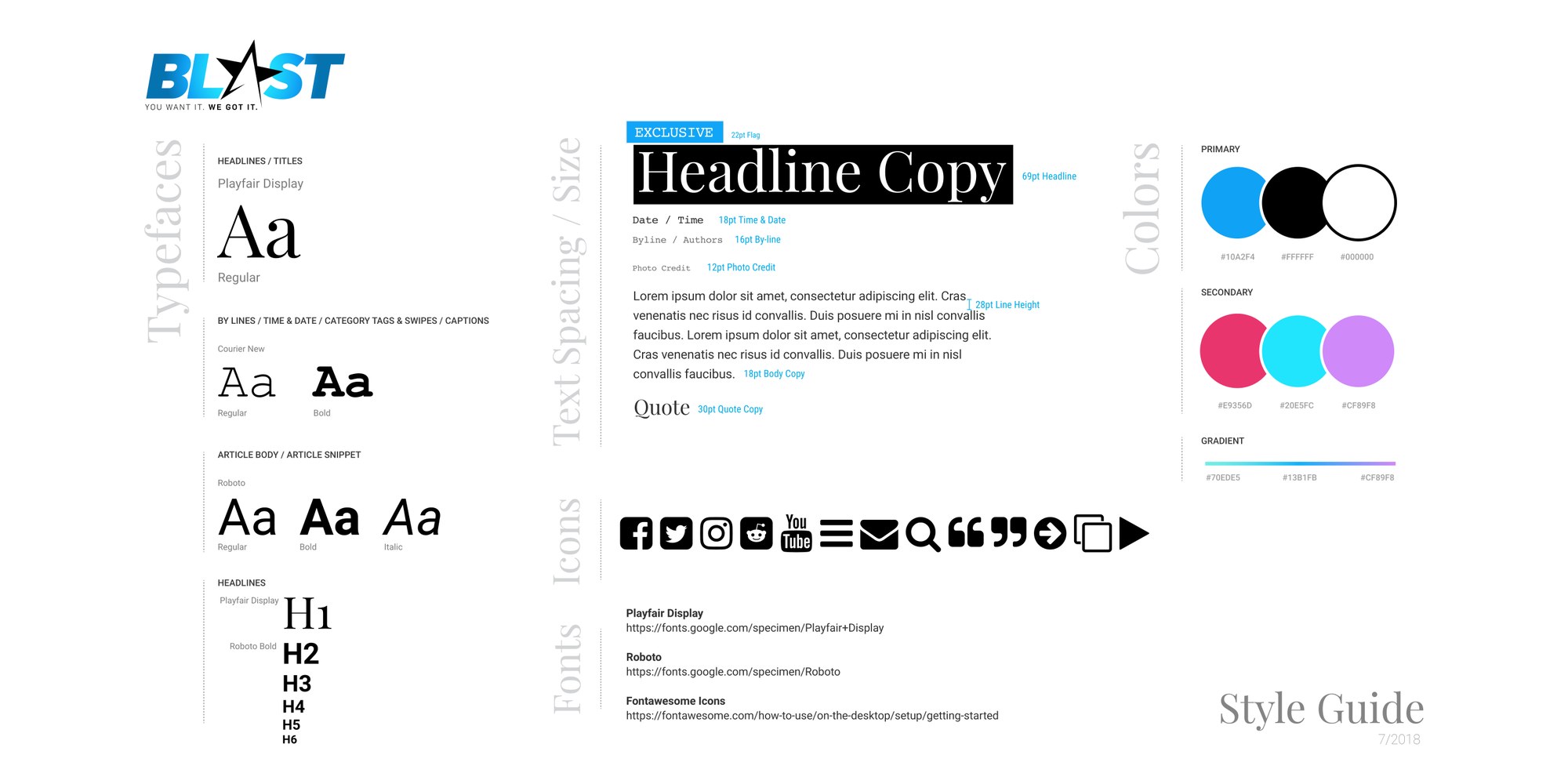 The Blast style guide on one page: typefaces, text sizes, colors, icons, and fonts