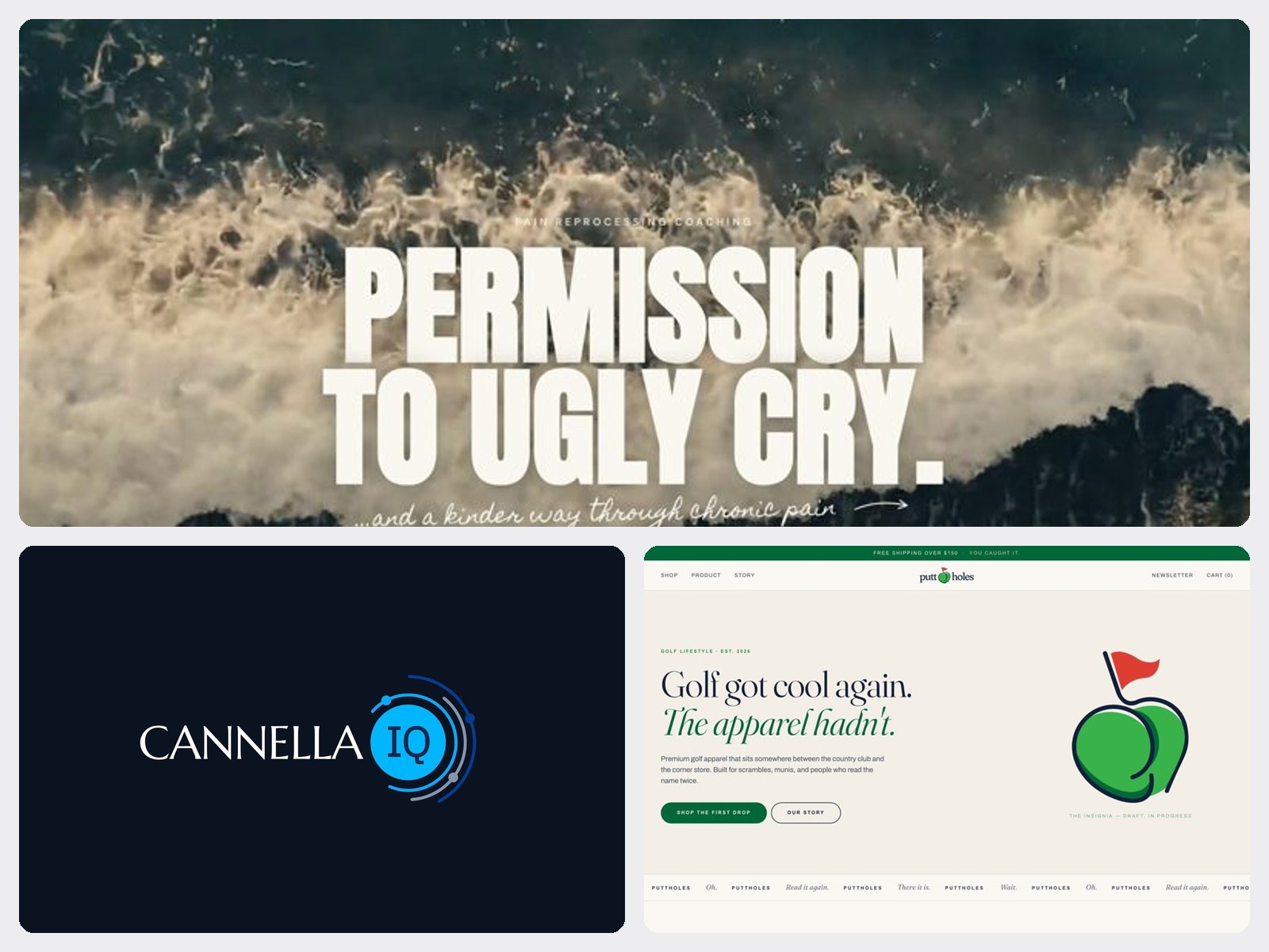 Recent studio work: the Permission to Ugly Cry site, the CannellaIQ mark, and the Puttholes shop