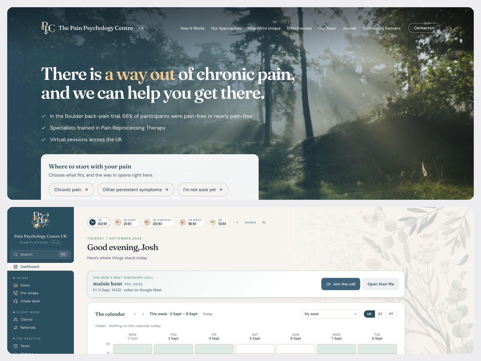 Pain Psychology Centre UK: the public site on a laptop beside the operations dashboard