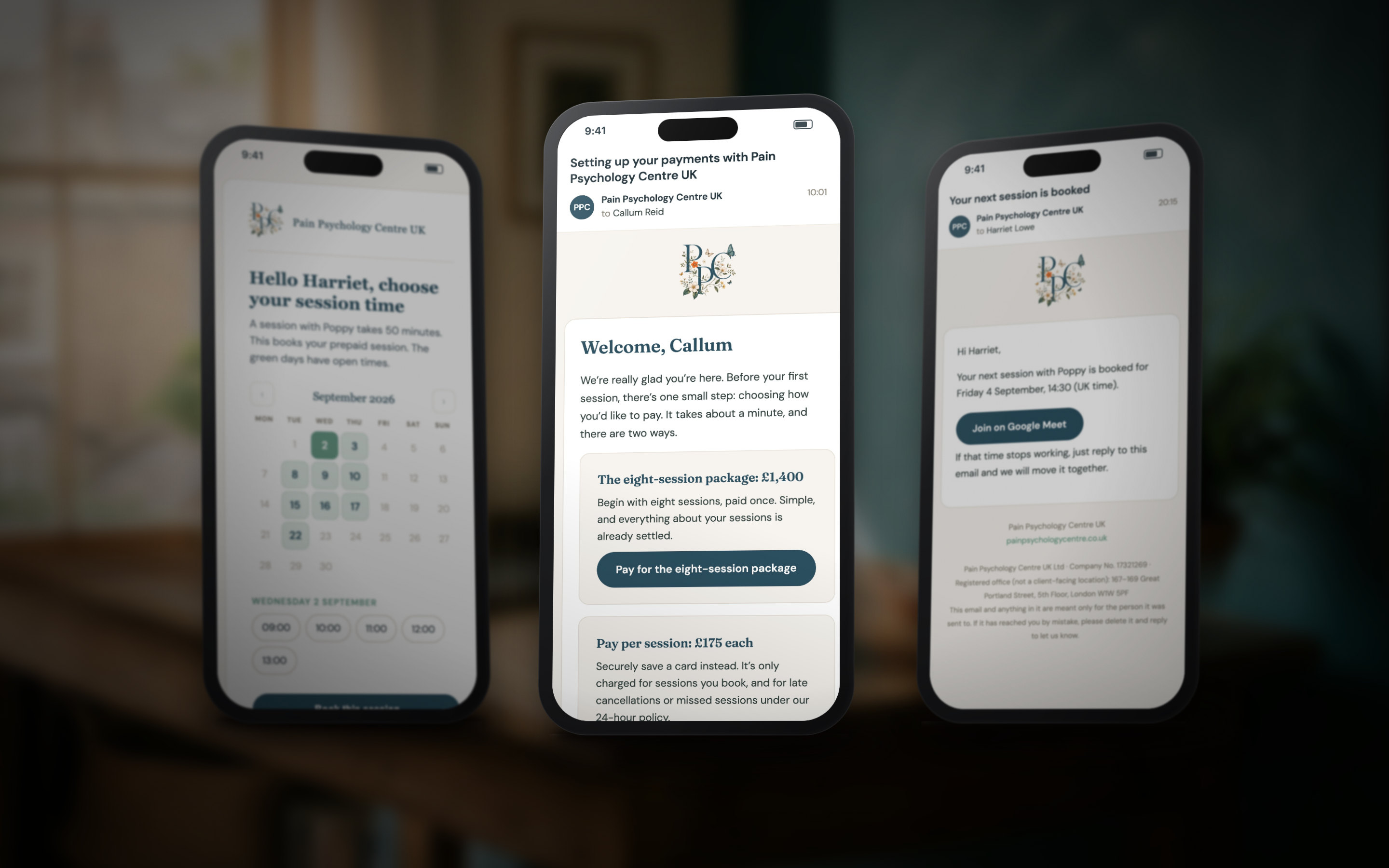 The payment email, the booking page and the session confirmation as the client meets them on a phone