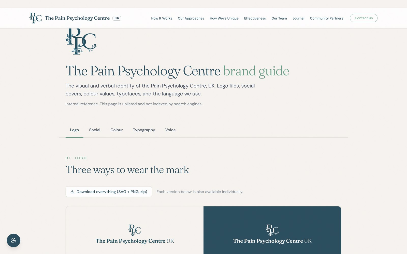 PPCUK brand guide page: the floral PPC monogram, the earth-tone palette, and type samples
