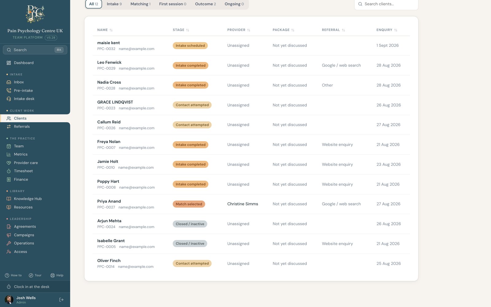 PPCUK clients page: the twelve-stage pipeline in earth-tone colour with client rows beneath