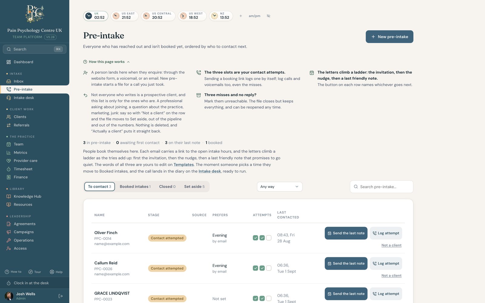 PPCUK pre-intake page: the file before the call, with reaching-them, the call, and journey tabs