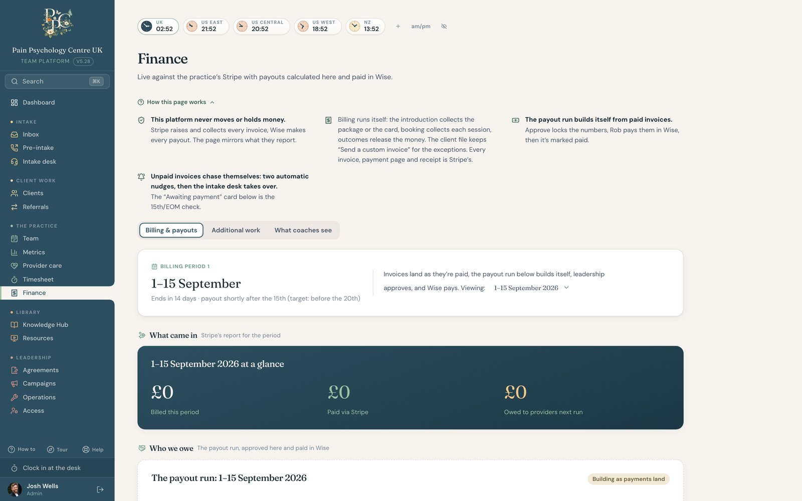 PPCUK finance page: cash tiles, the payout run, and the Wise balance