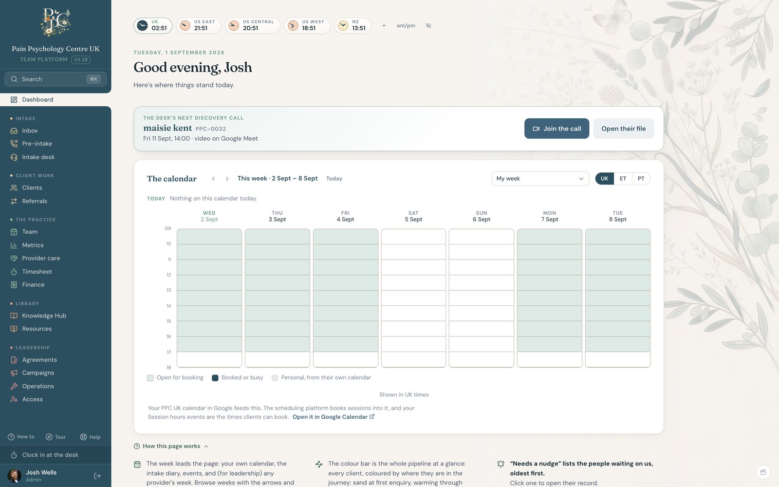 PPCUK dashboard home: the next discovery call as a hero, followed by today’s work and the pipeline