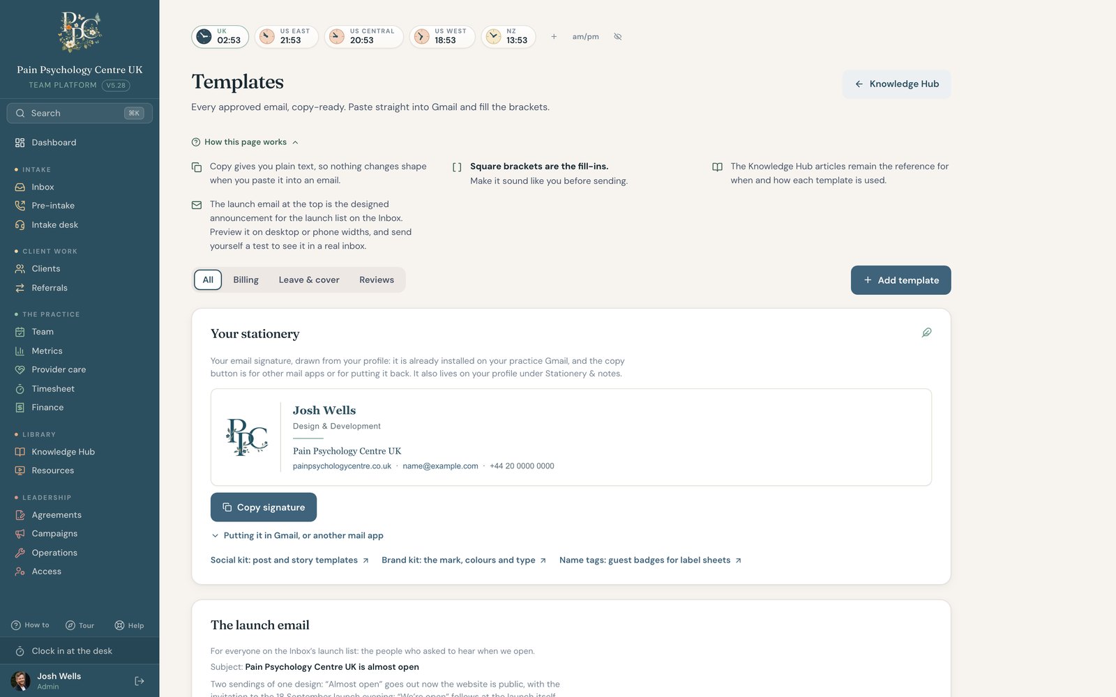PPCUK templates page: system emails and the launch announcement, branded from plain text