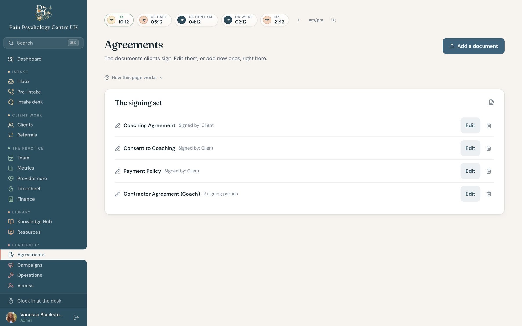 The agreements page: the signing set, each template editable on the platform