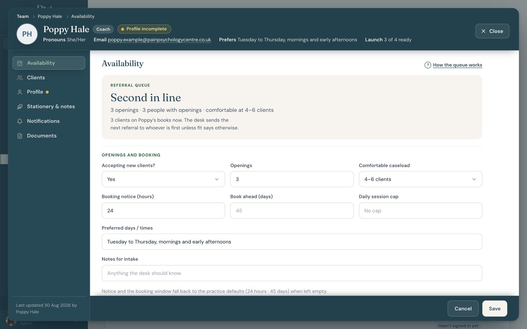 A provider’s availability editor: session hours by day
