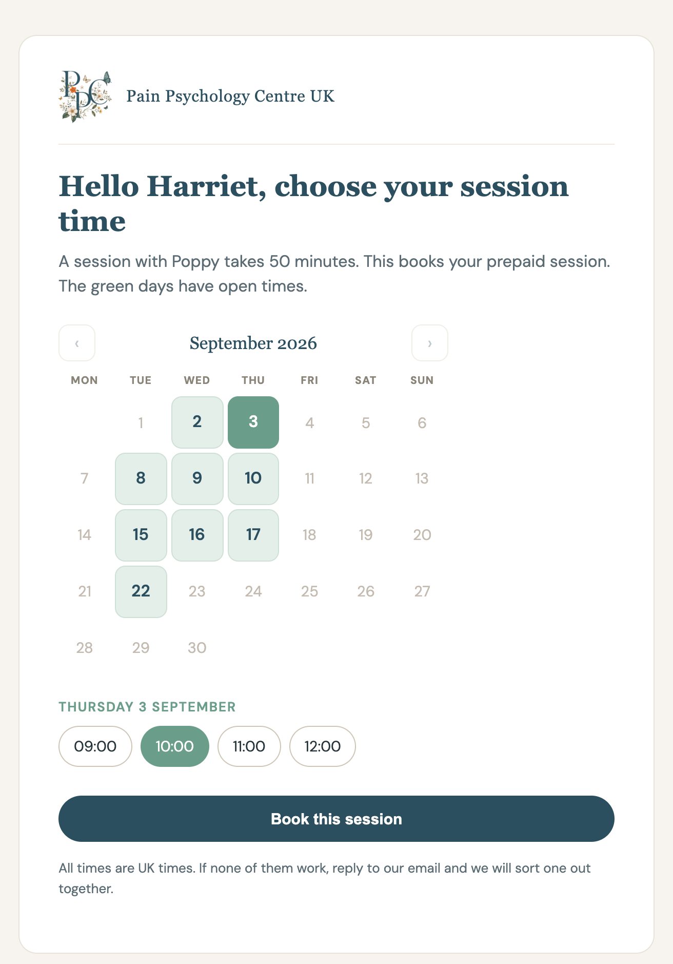 The client-facing booking page: a September calendar and morning time slots