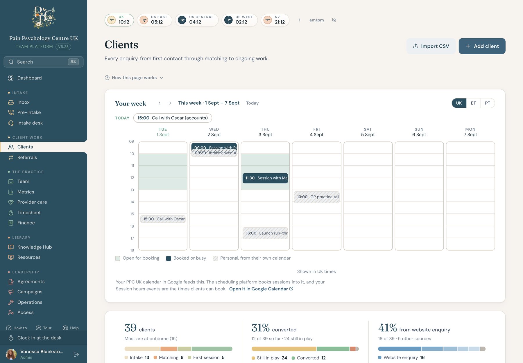 The clients page: the twelve-stage pipeline in earth-tone colour with client rows beneath