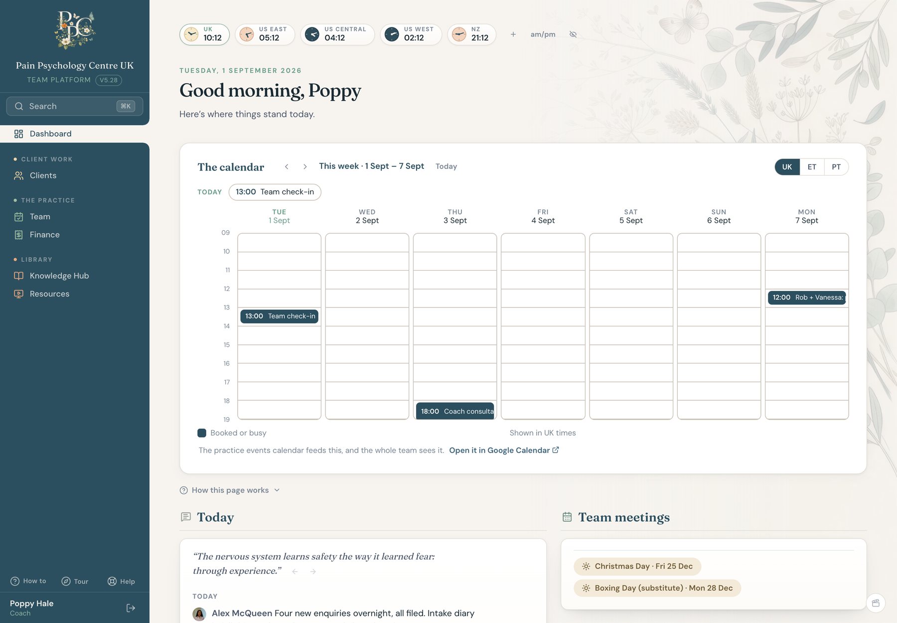 The same dashboard seen by a coach: only their own clients and calendar