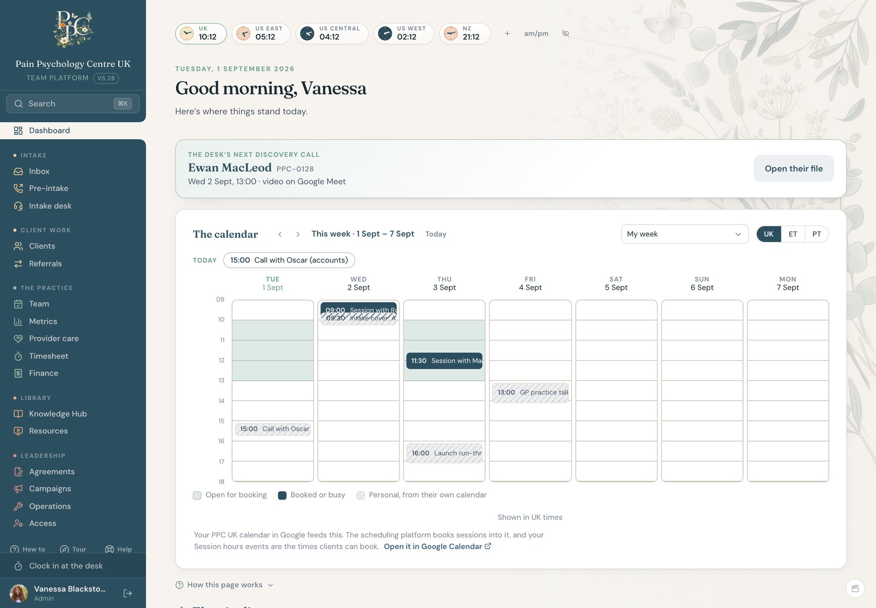 The PPCUK dashboard home: the next discovery call, today’s work, and the week’s calendar