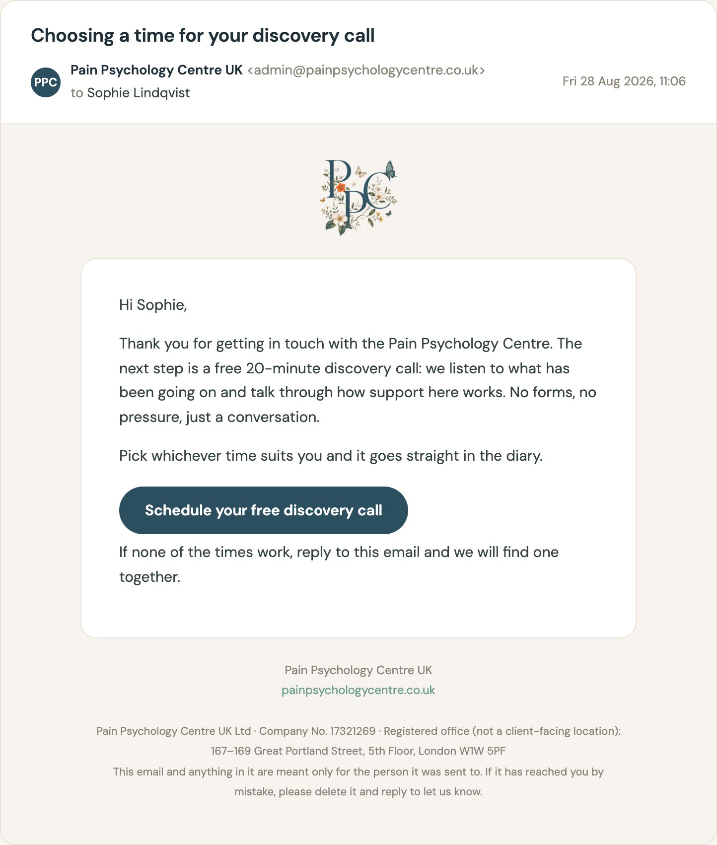 The booking-link email: a short note and one button to choose a time
