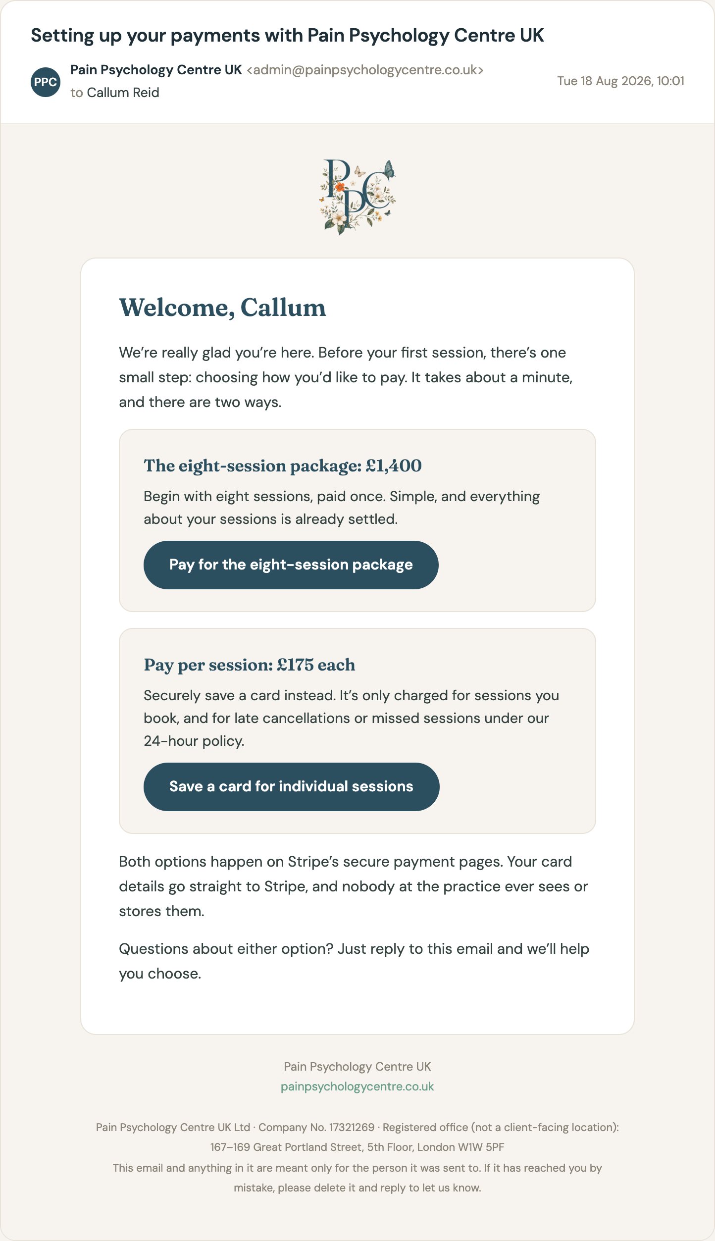 The payment set-up email: the package, the price, and one button to pay