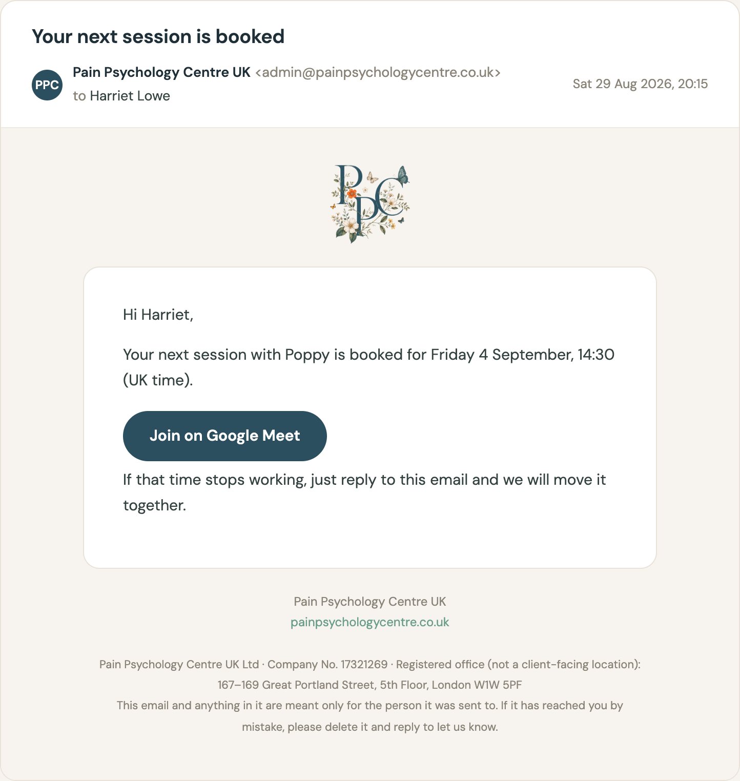The session confirmation email with the Google Meet link