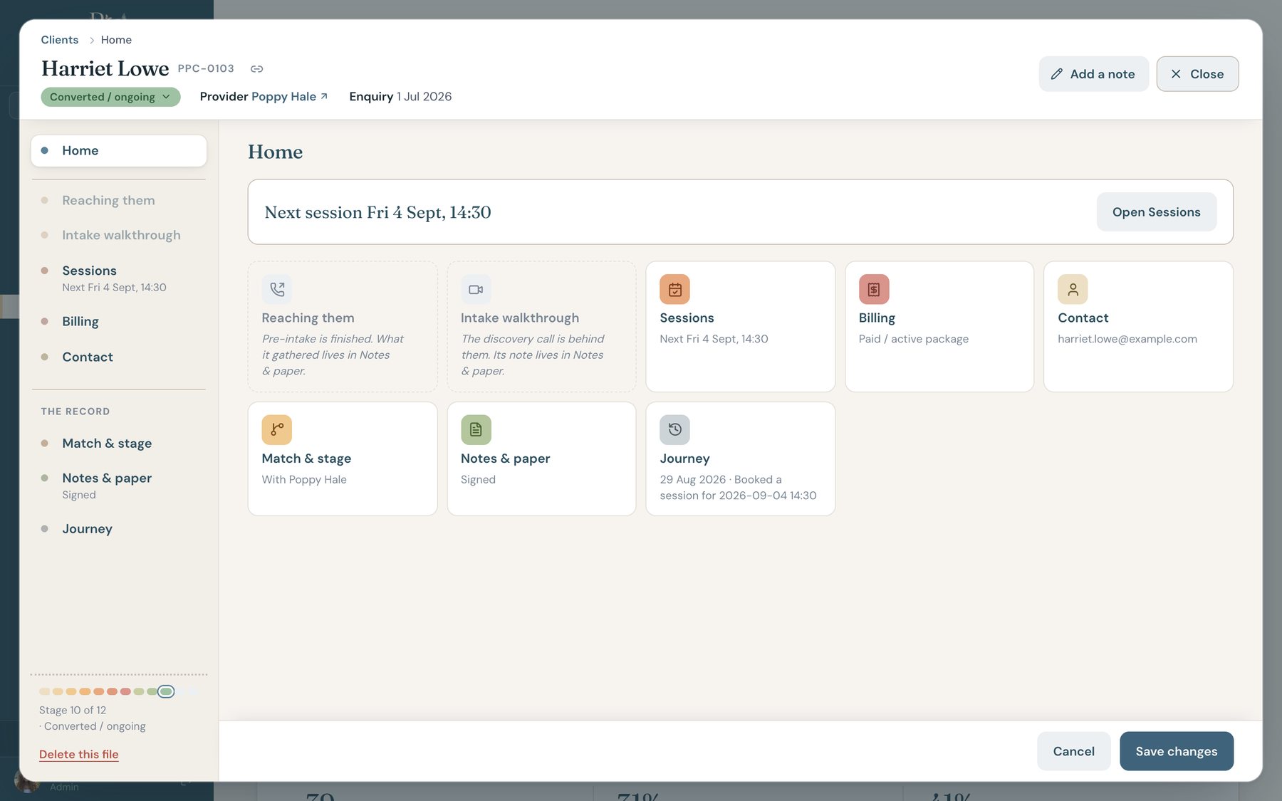 A client file home: the journey band, next steps, and the people on the file