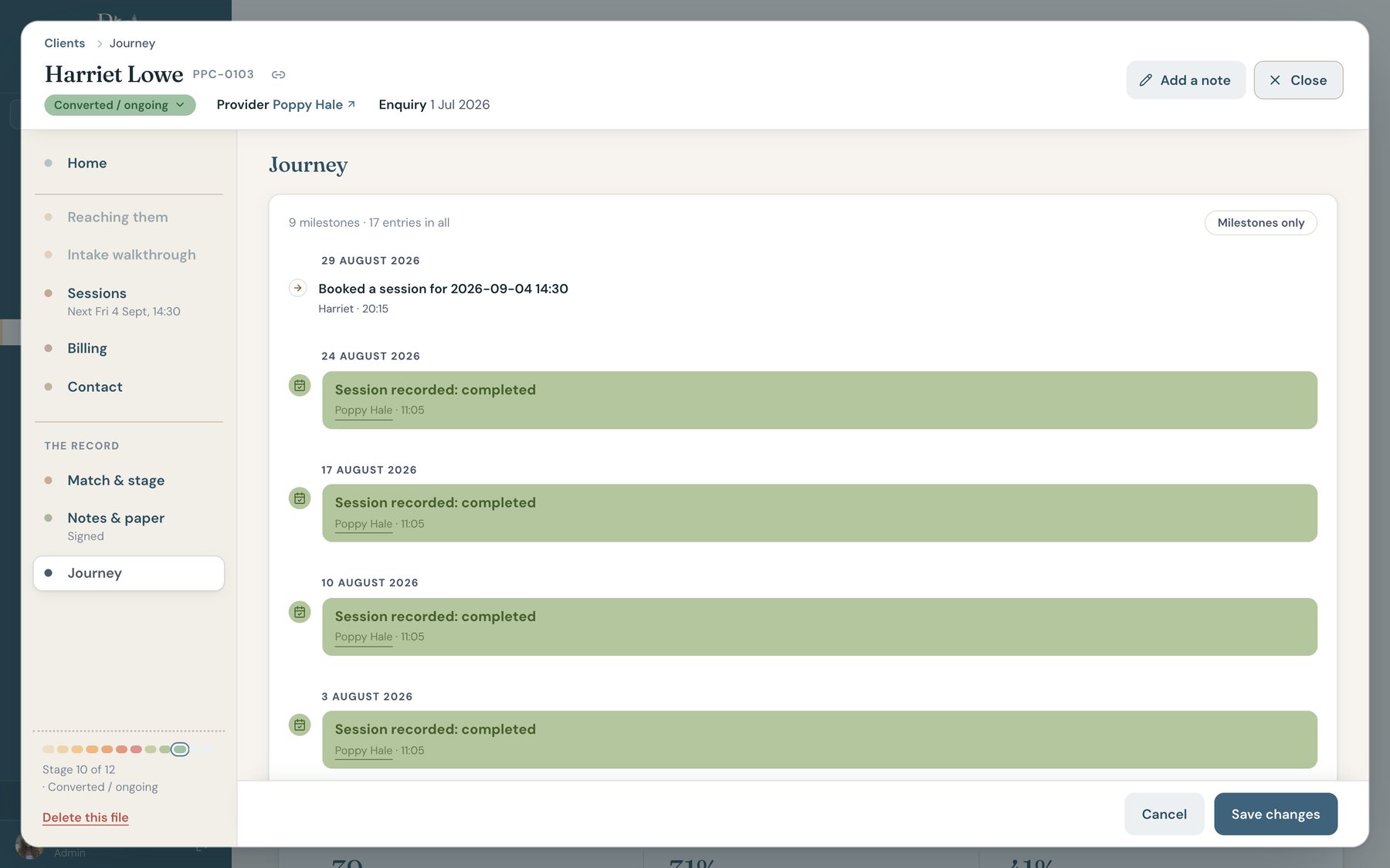 The journey tab: every stage change and touchpoint, dated