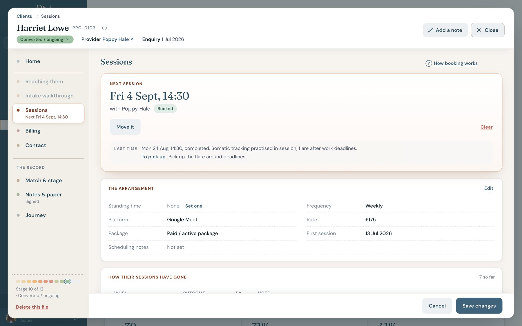 The sessions tab: booked, delivered, and upcoming sessions with their outcomes