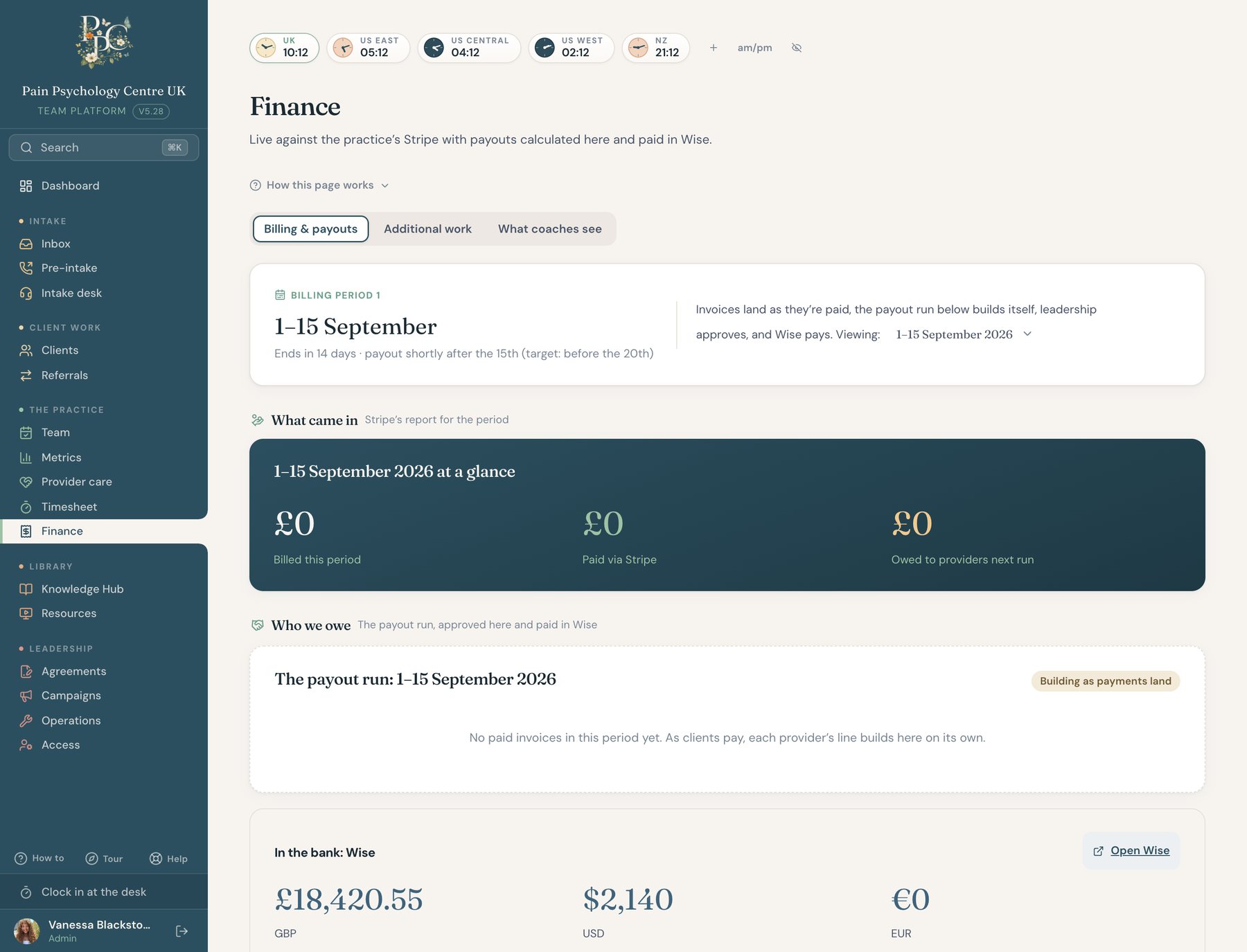 The finance page: the billing period at a glance, billed, paid, and owed to providers