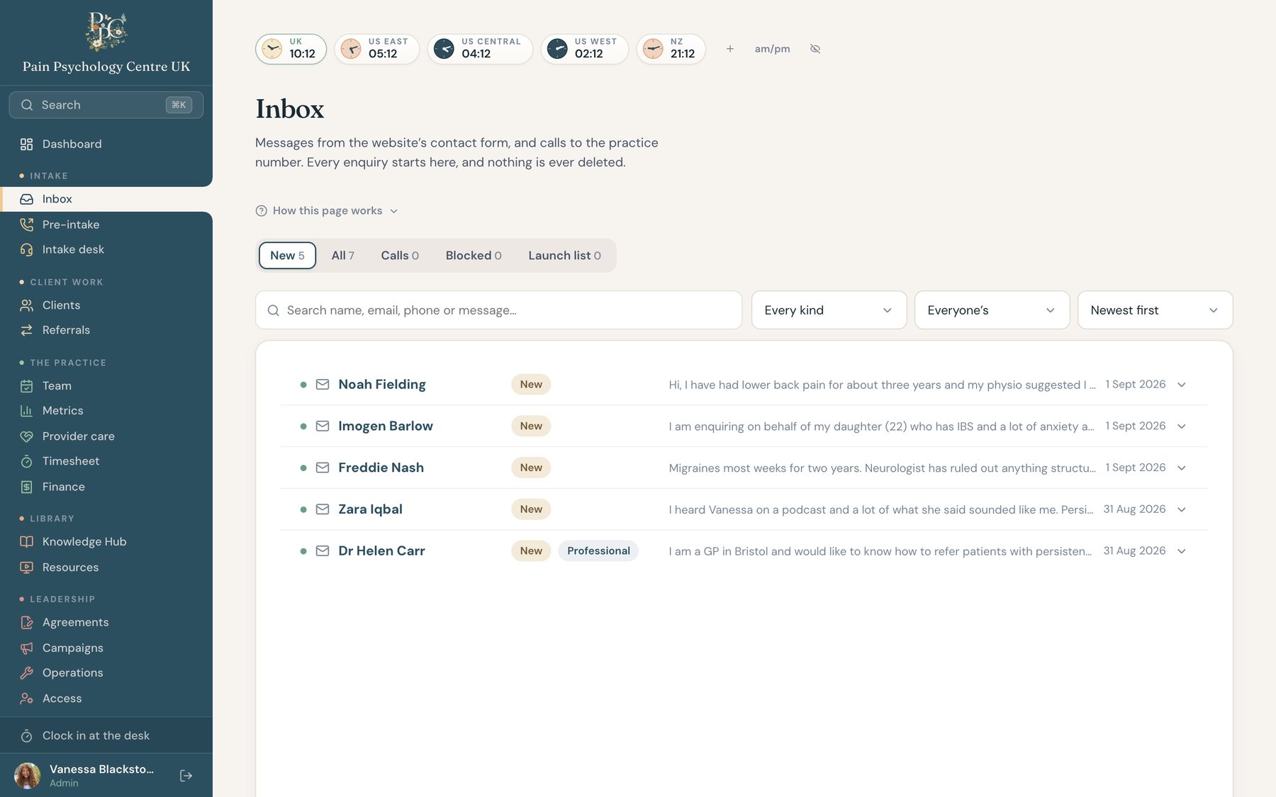 The inbox: website enquiries triaged by type, each with a claim button