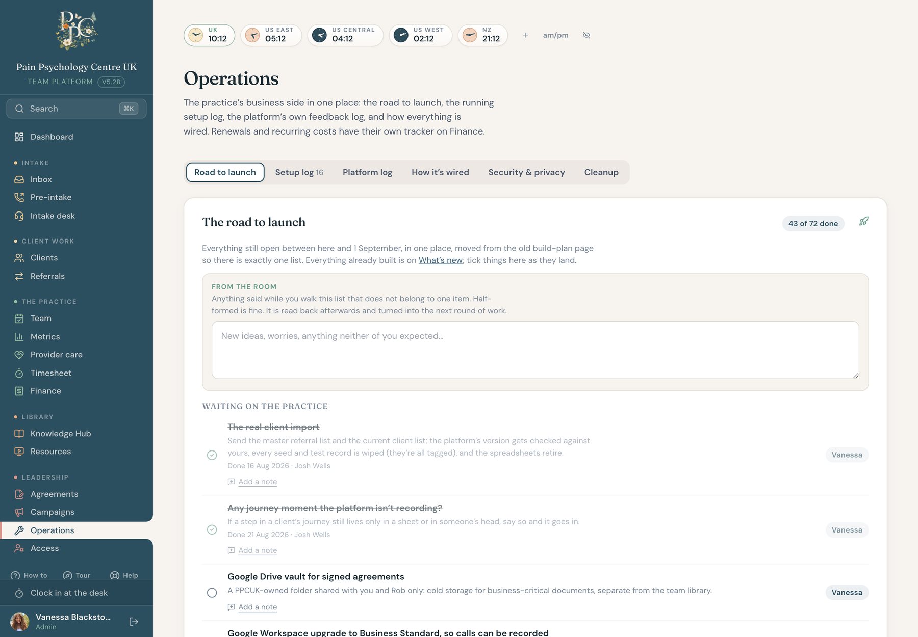 The operations page: how it’s wired, with every system, its region, and its renewal date