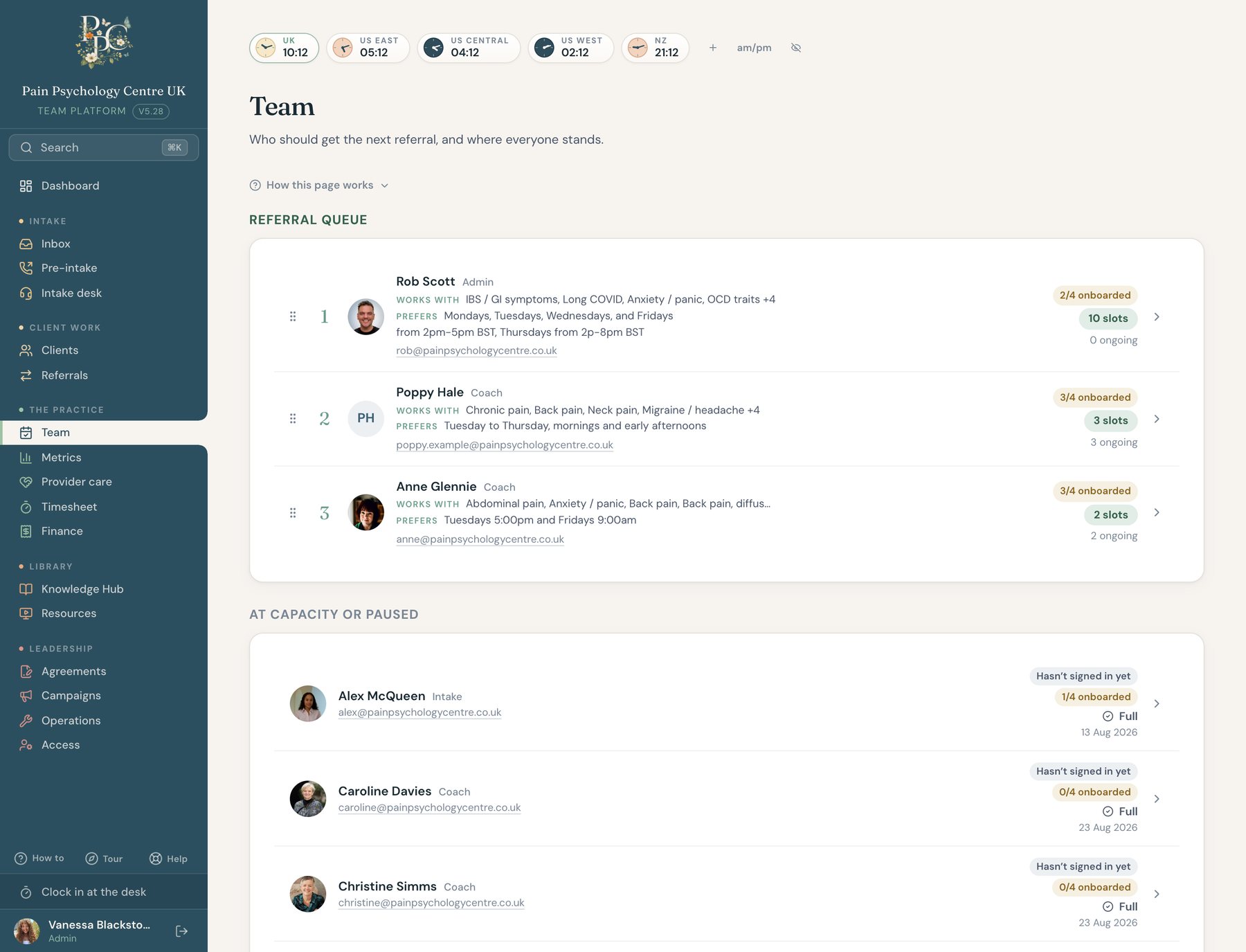 The team page: eight providers with readiness and the referral queue