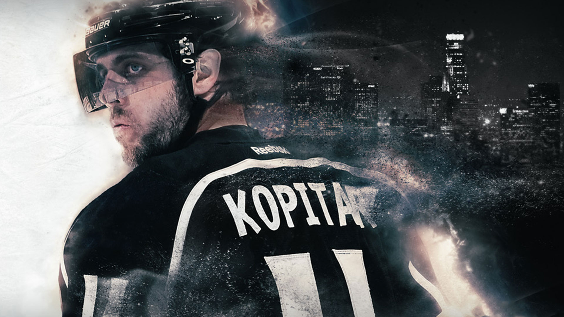 Anze Kopitar key art with the downtown Los Angeles skyline burning through the ice texture