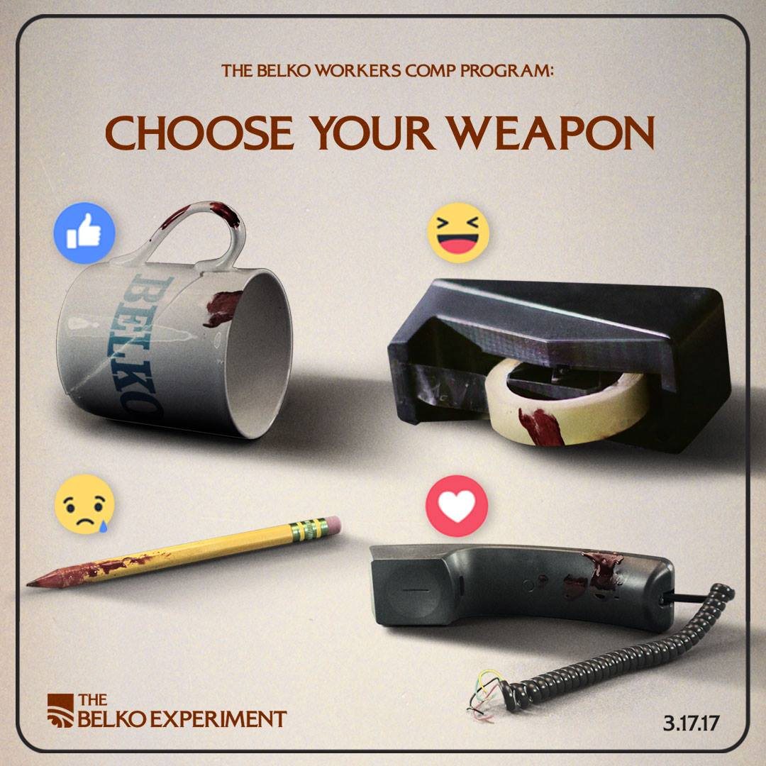Choose Your Weapon: a mug, a tape dispenser, a pencil and a phone, each with a Facebook reaction