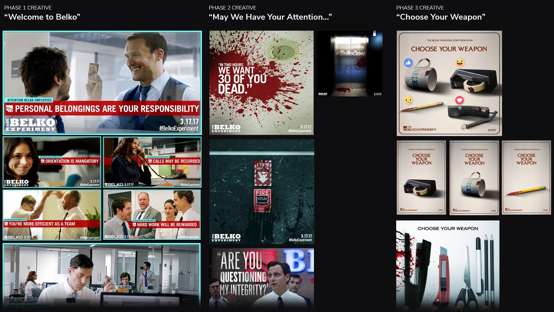 Three columns of Belko creative: Welcome to Belko, May We Have Your Attention, Choose Your Weapon