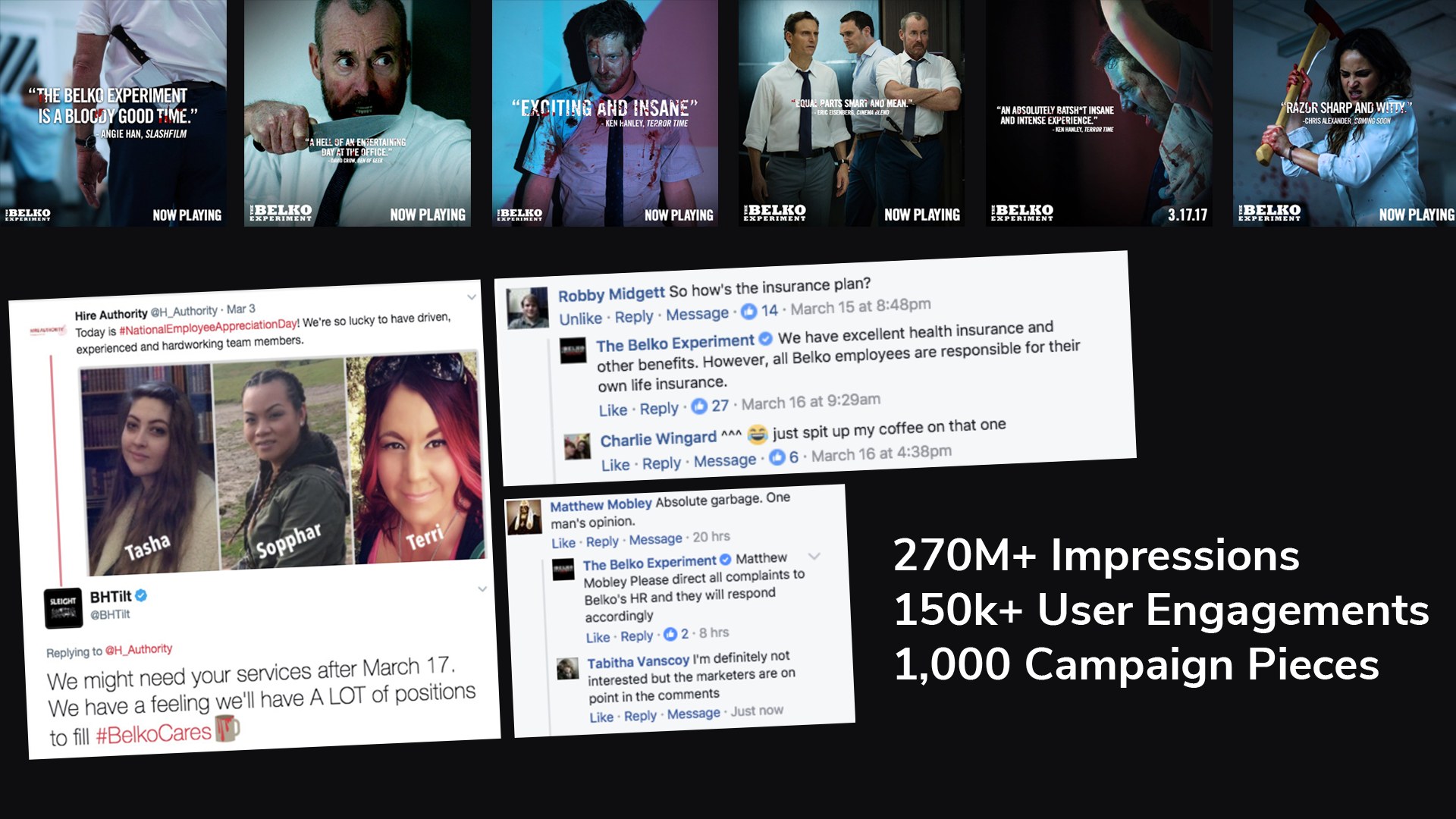 Review-quote posts, in-character community replies and the campaign totals