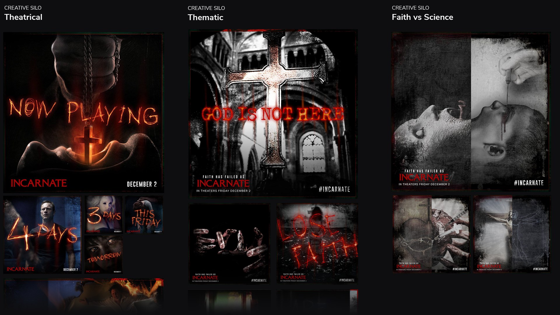Three columns of Incarnate creative: Theatrical, Thematic, Faith vs Science