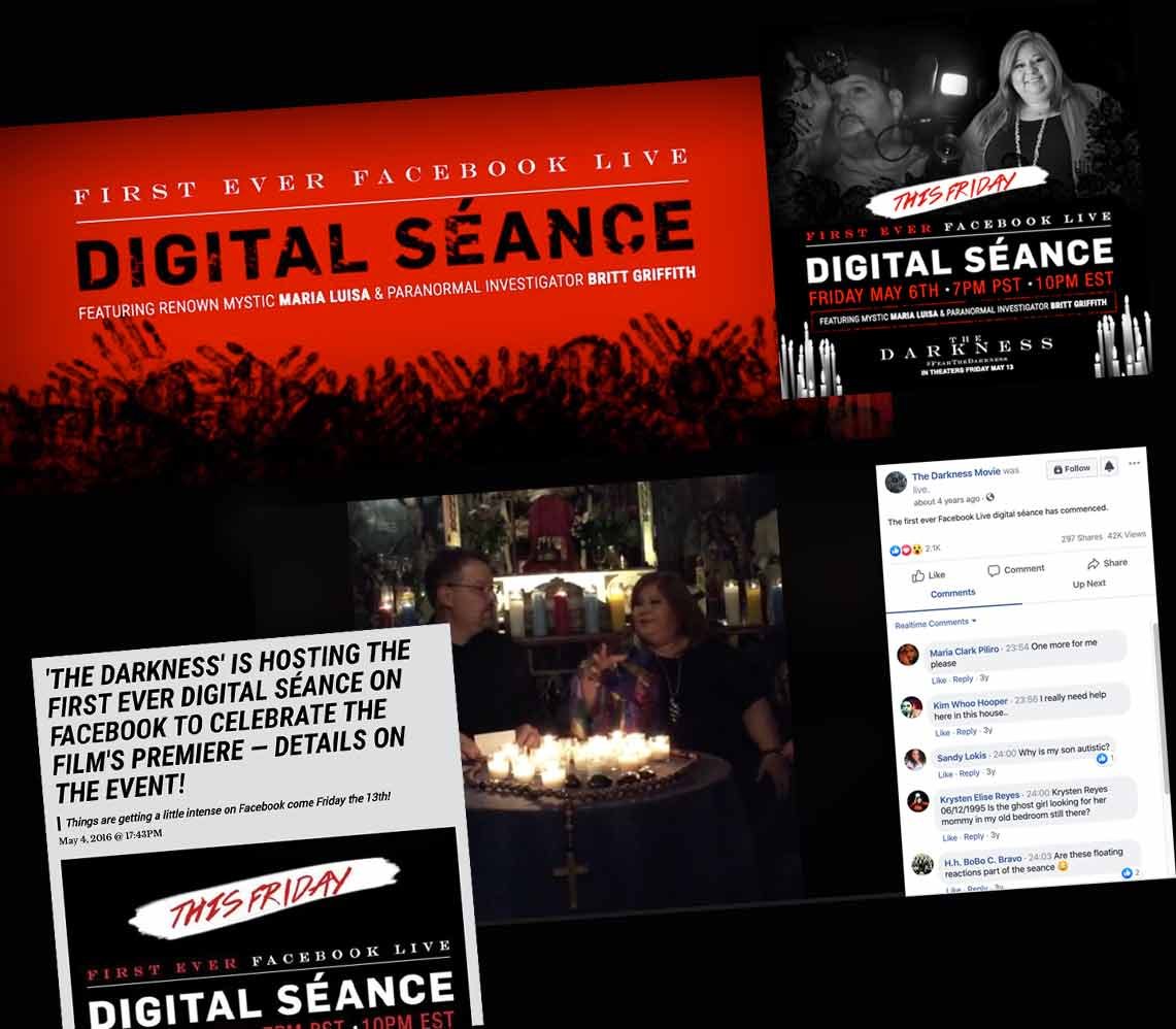 The digital séance: event art, the live stream with two hosts at a candlelit table, a press headline and live comments