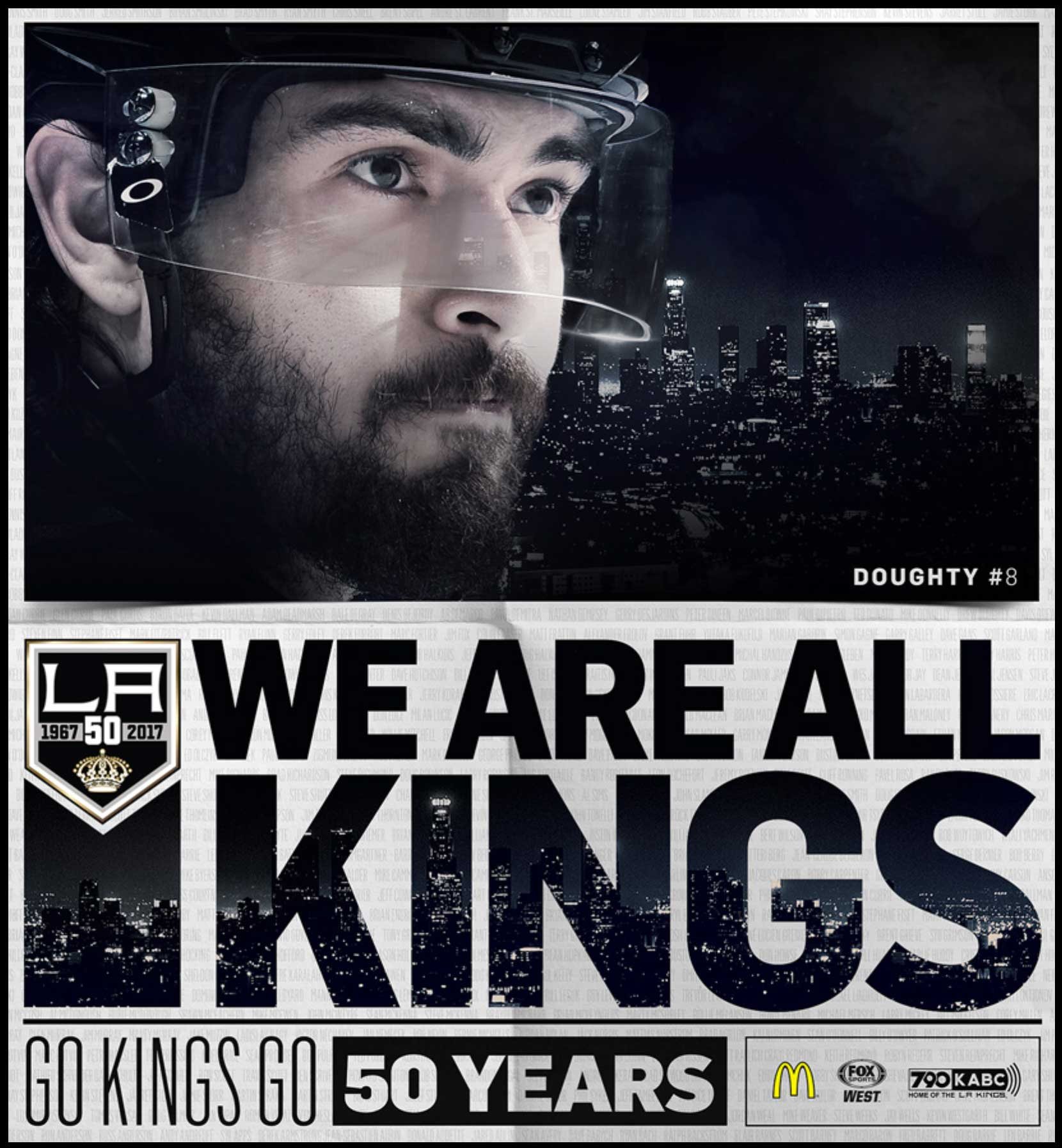 Drew Doughty close up over We Are All Kings, 50 Years