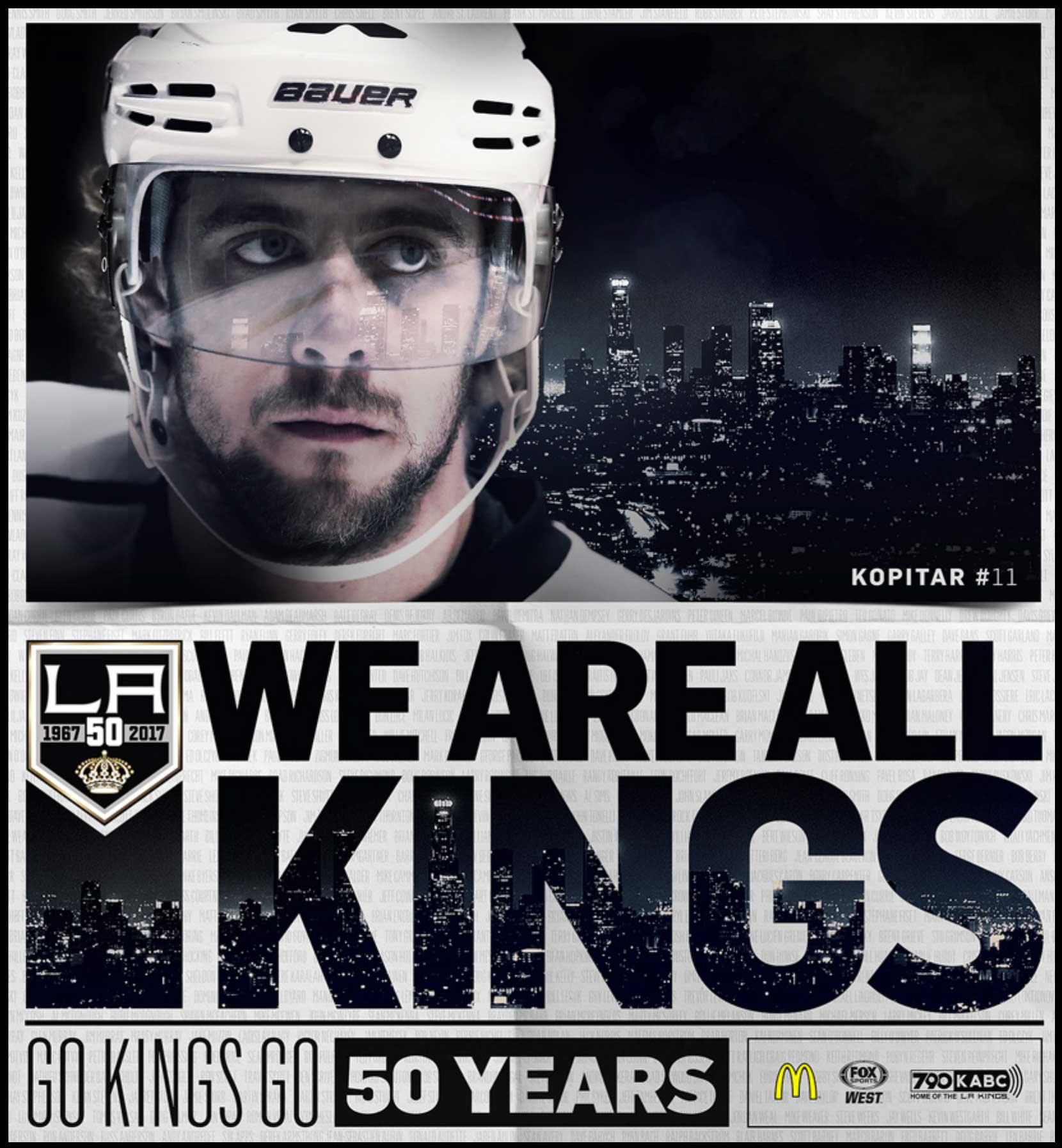 Anze Kopitar close up over We Are All Kings, 50 Years