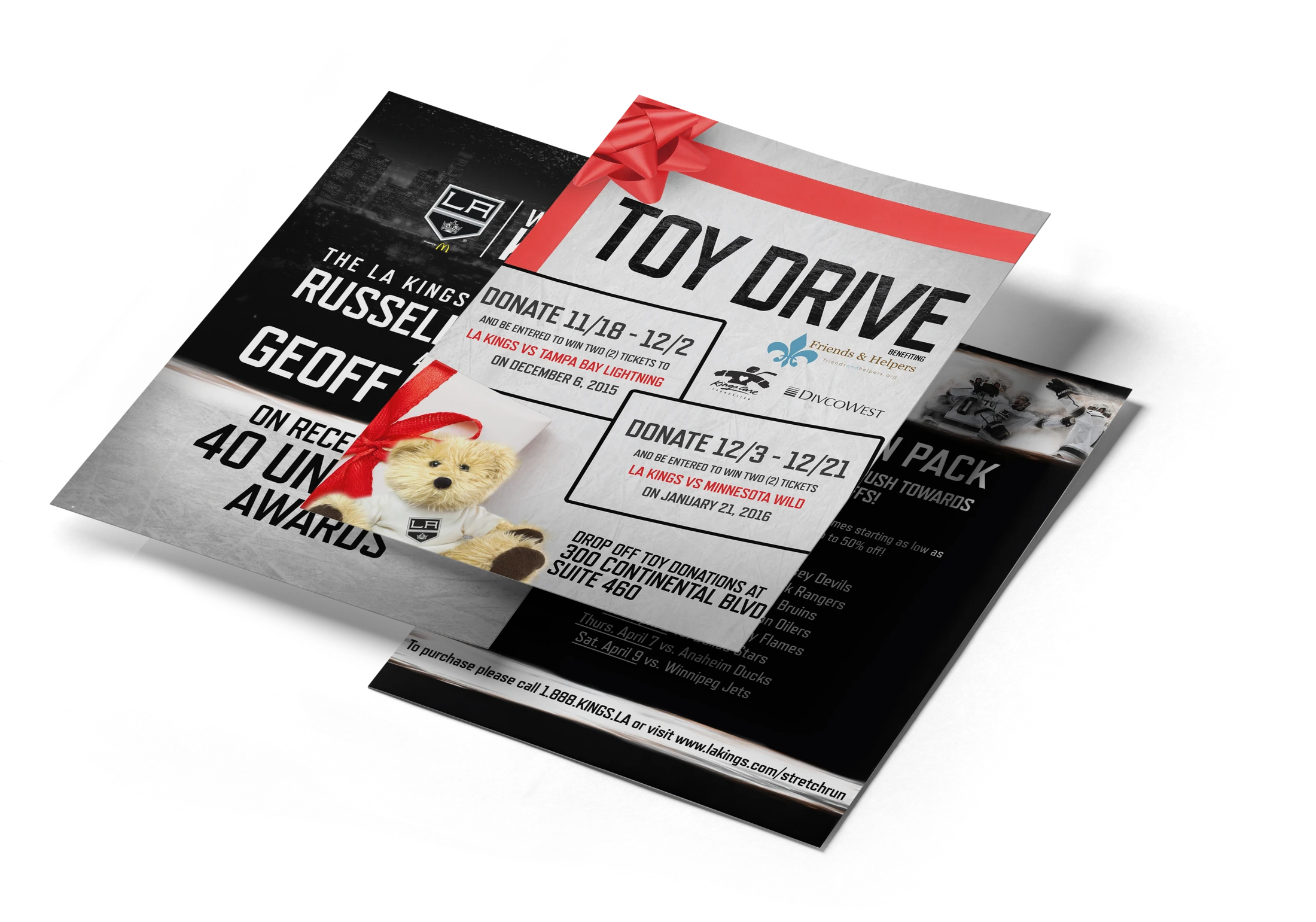 Three fanned flyers: Toy Drive, a 40 Under 40 ad and a ticket pack