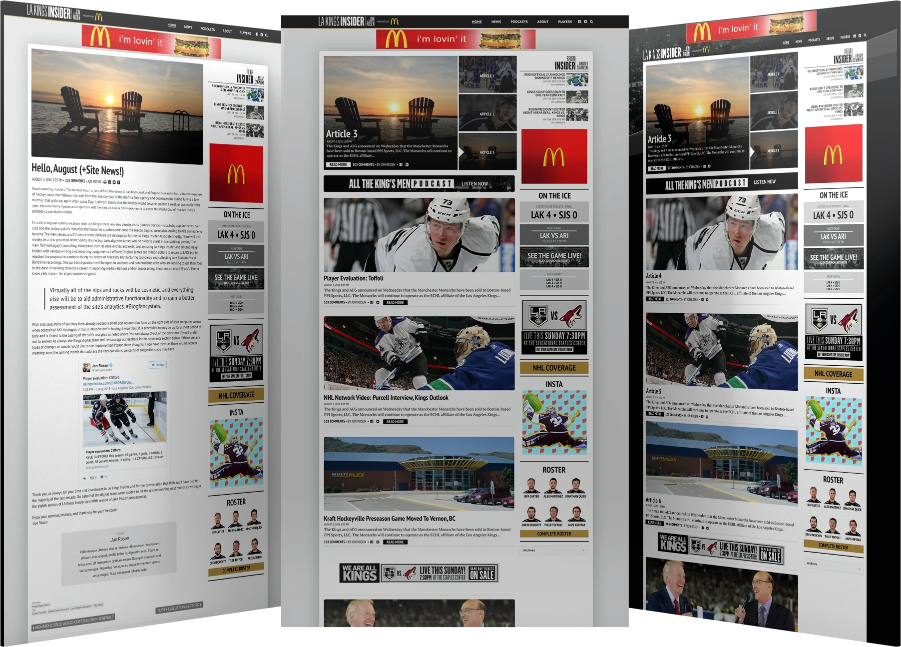 Three page designs for the LA Kings Insider blog