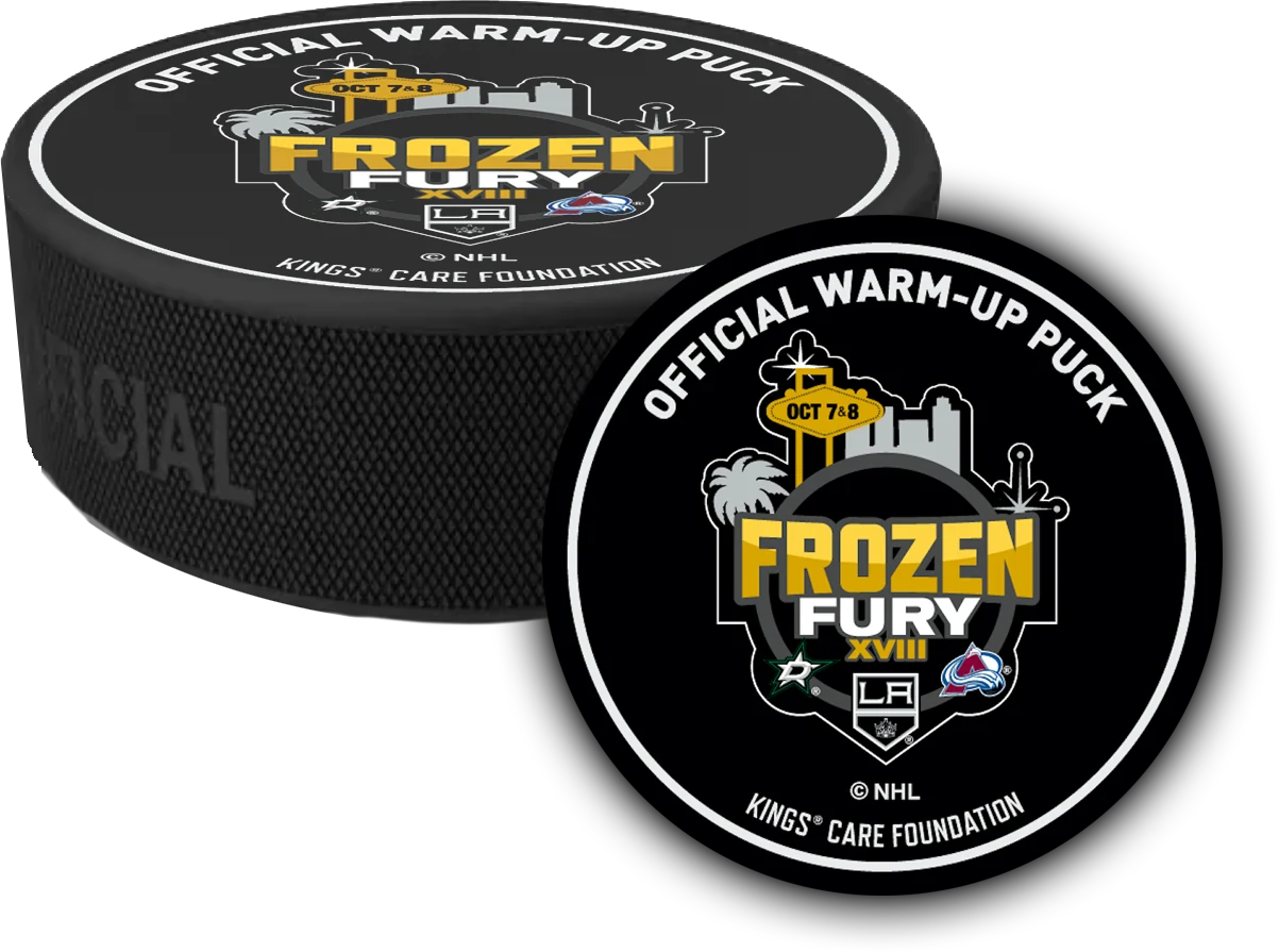 An official warm-up puck printed with the Frozen Fury mark